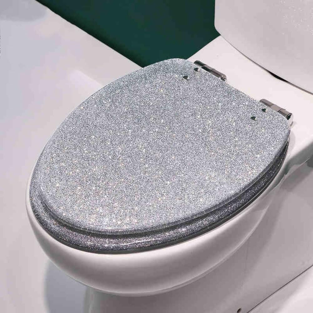 Toilet seat, Glitter Design with Adjustable Hinges, Lightweight, Durable, Portable, User-Friendly, Compact, Soft, Close, Oval, Quick, Release
