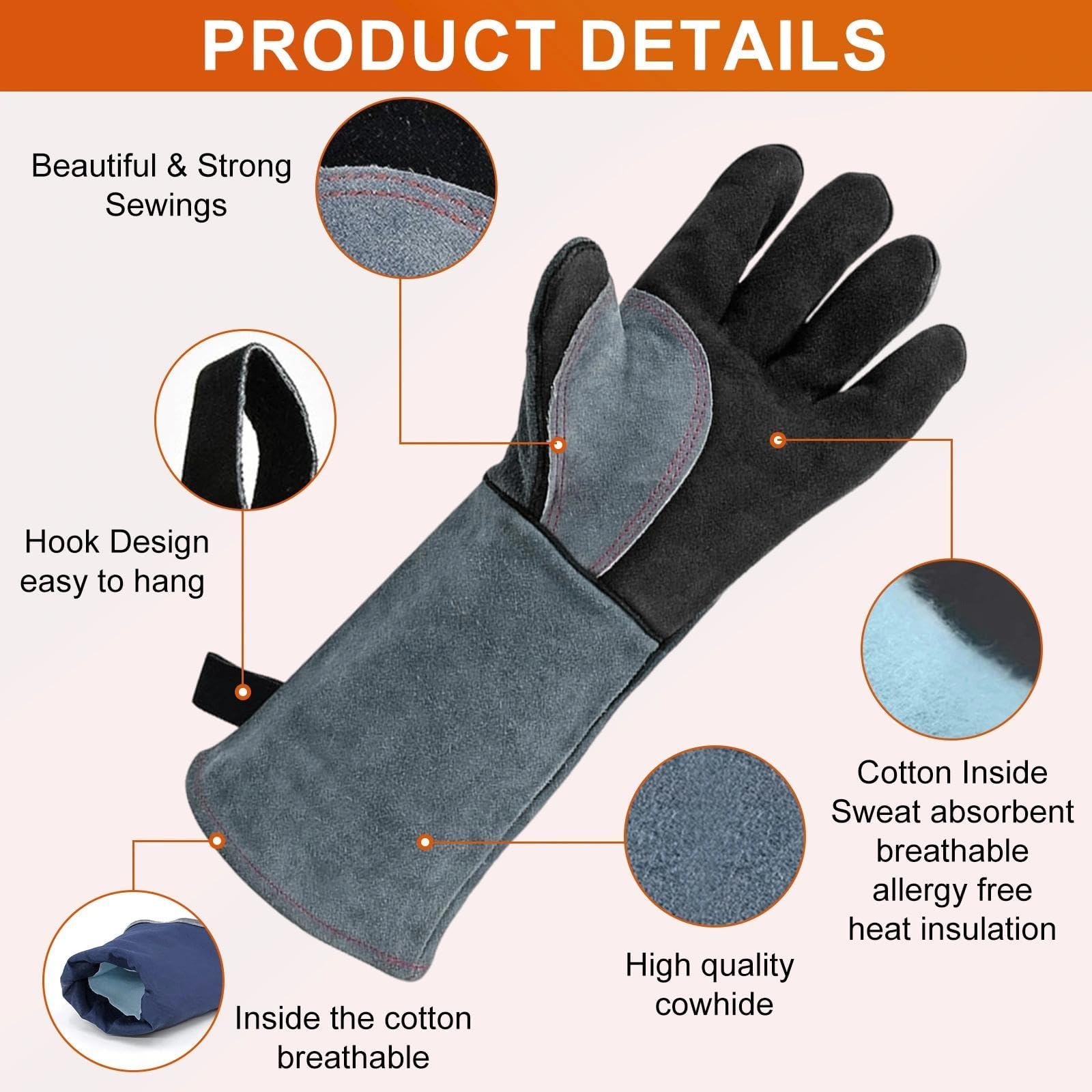 Guantes Soldador de Cuero Guantes de Soldadura Ignifugos guantes para Horno, Parrilla, Barbacoa, Jardineria, Trabajo, Forge, chimenea, manipulación de animales guante (Gris-Negro,40cm/16)