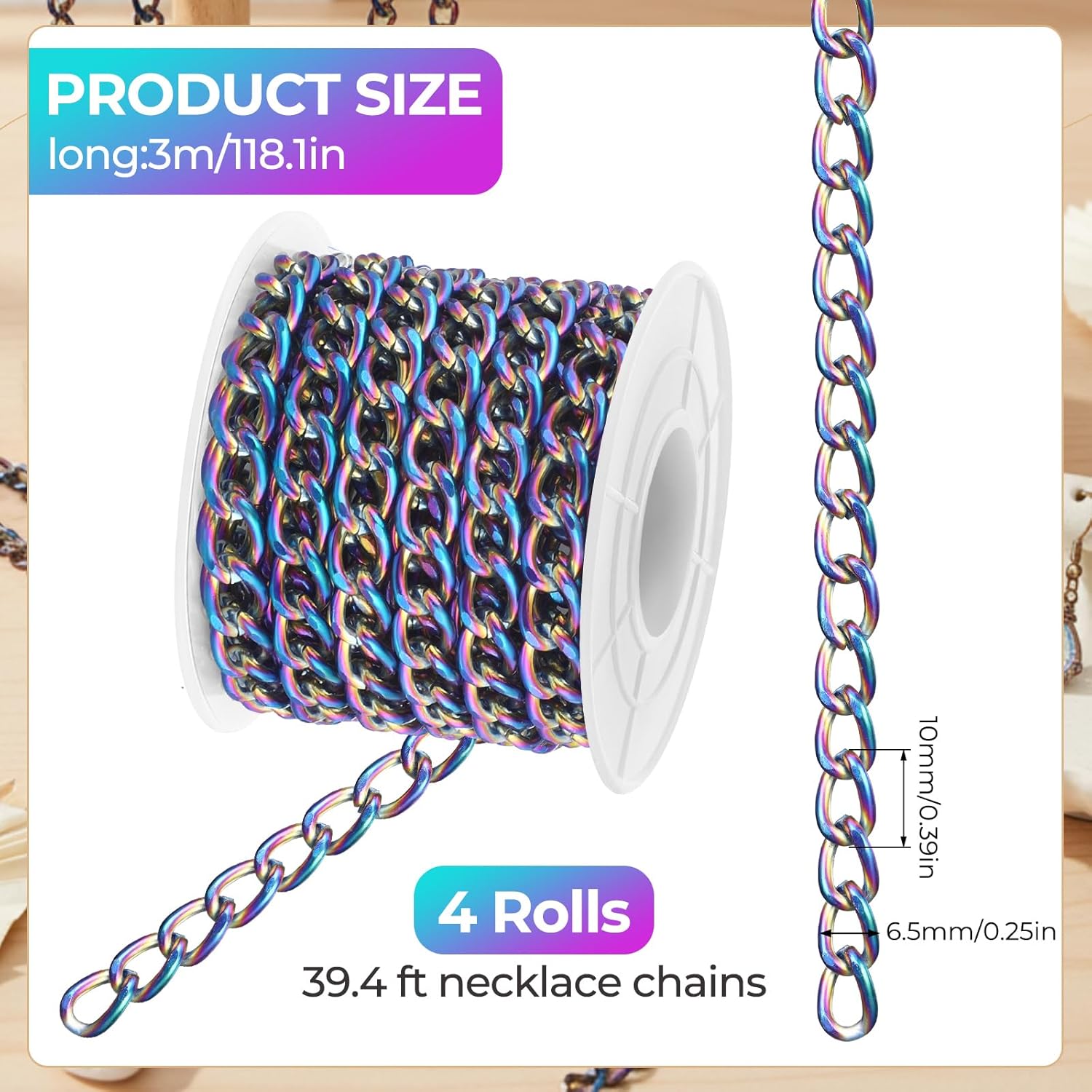 Jadive 4 Rolls 39.4 Feet Aluminium Necklace Chains 6.5 mm Twisted Links Spool Chain Jewelry Making Chains for Bracelet Necklace Jewelry Making(Colorful) - Image 2