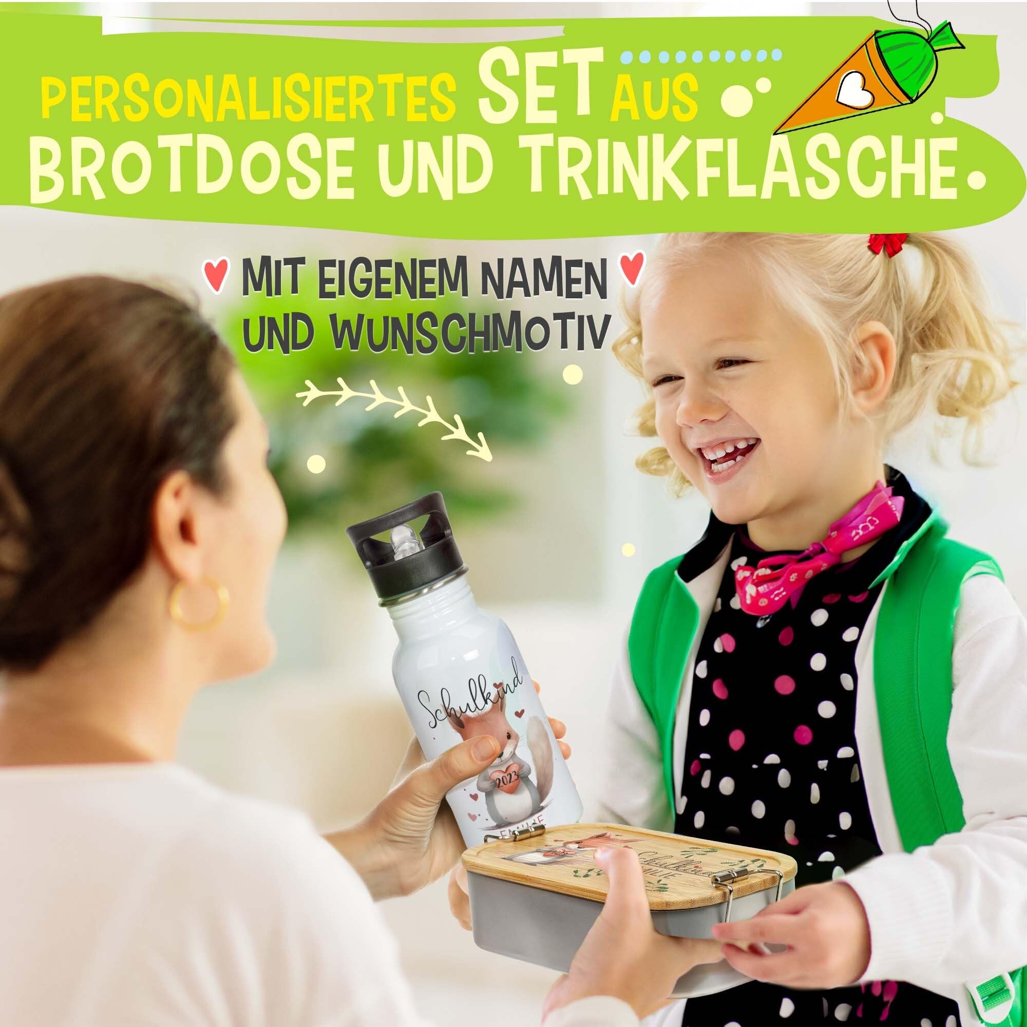 Print Royal PR Einschulung Geschenke-Set - Schulkind mit Name und Jahr personalisiert - Eichhörnchen, personalisierte Geschenke zur Einschulung Deko | Trinkflasche, weiß 500 ml & Brotdose 600 ml