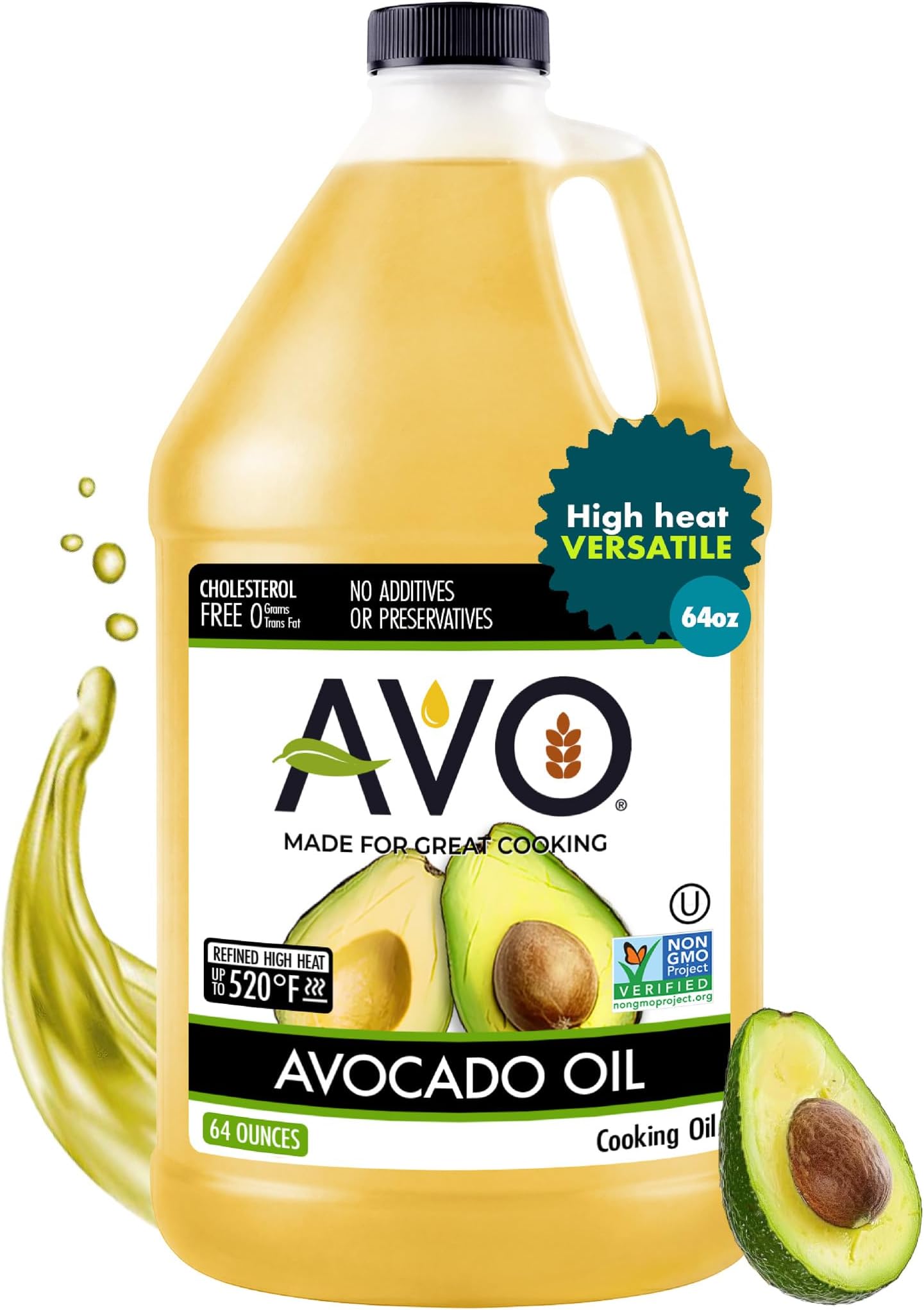 AVO Made for Great Cooking Non-GMO 100% Avocado Oil, Liquid, 64 Fl-oz, No Preservatives Added
