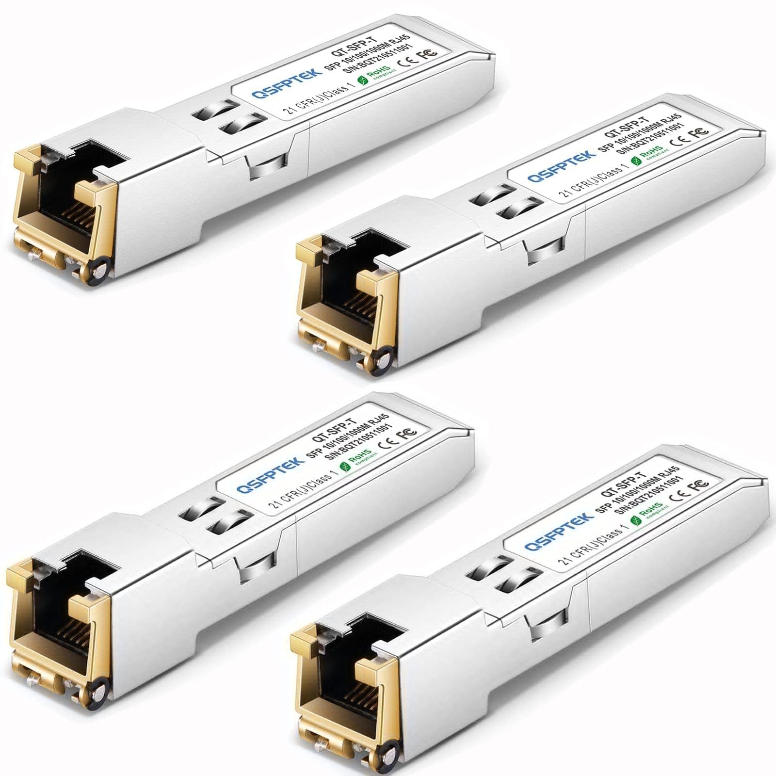 QSFPTEK 4 Pack Gigabit SFP Copper RJ45 Module 10/100/1000BASE-T SFP to RJ45 Mini-GBIC Transceiver for Cisco GLC-T/SFP-GE-T, Mikrotik S-RJ01, up to 100m - 4pack