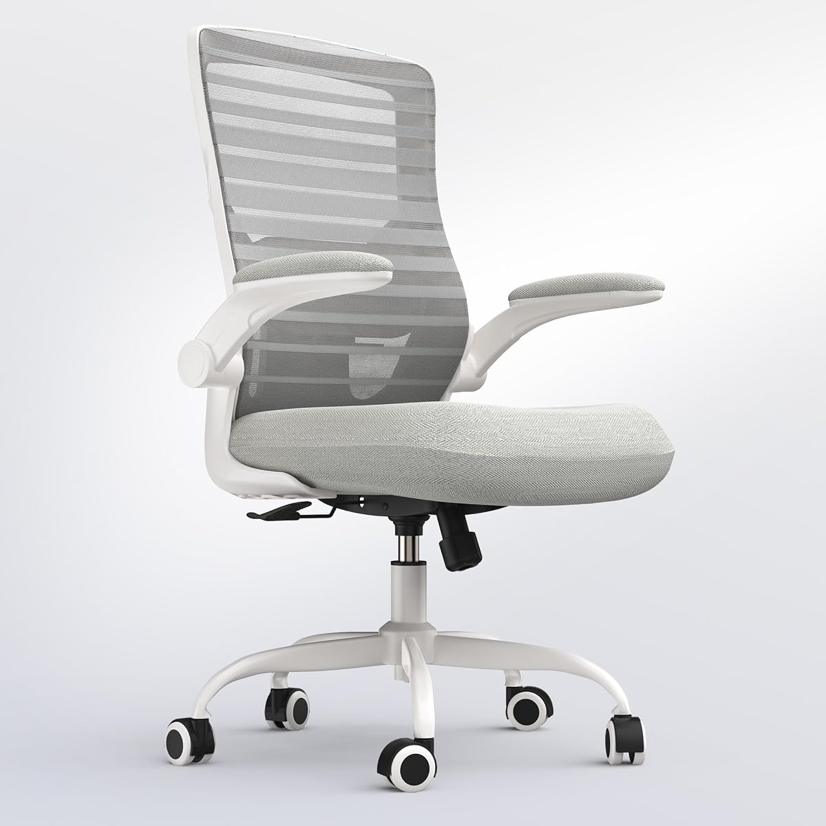 Office Desk Chair for Long Hours & Lower Back Pain Relief – 4“ Thick Molded Foam Cushion, Enhanced Lumbar Support, Padded Flip-up Armrests, Ideal for Office or Study (Light Gray)
