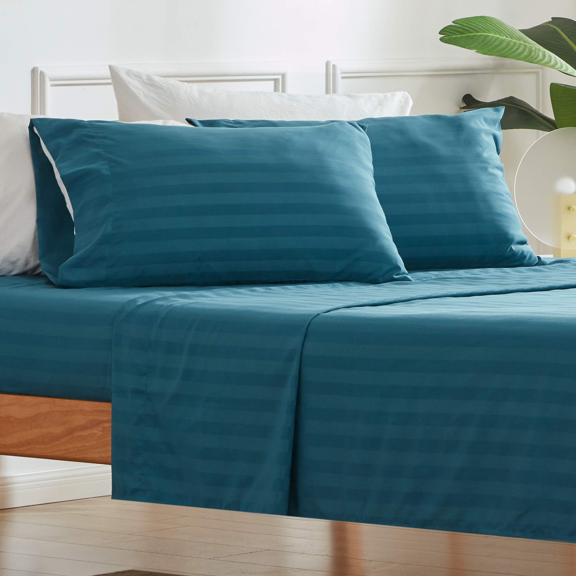 SLEEP ZONE Striped Cooling Sheets Set King Size - Fitted Flat Sheet & Pillowcase Sets 4 Piece - Super Soft Stripe Bed Sheet, Easy Care, Deep Pocket (Teal, King)