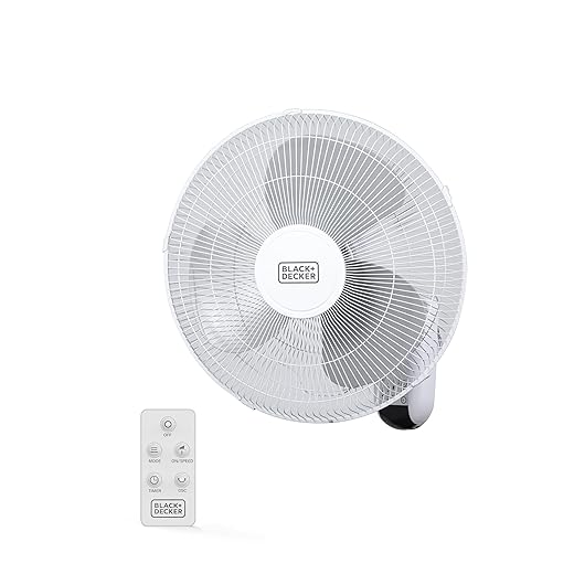 BLACK+DECKER 16" Wall Mount Fan With Remote Control, Oscillating With 3 Speed Settings and Shut Off Timer, Adjustable Tilt Angle, White