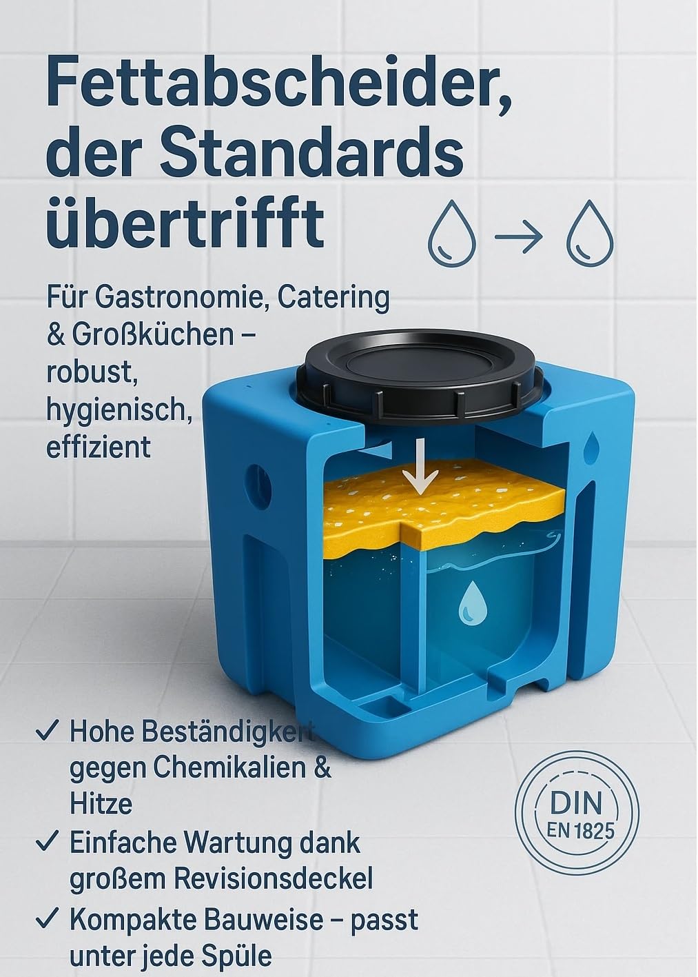 KMND Fettabscheider 40L Untertisch Gastro - DIN EN 1825 Zugelassen - PE-HD Fettfangsystem Vorabscheider - Fetttrenner für Gastroküchen Foodtruck Restaurant - Kompakt Leicht - Fat Separator
