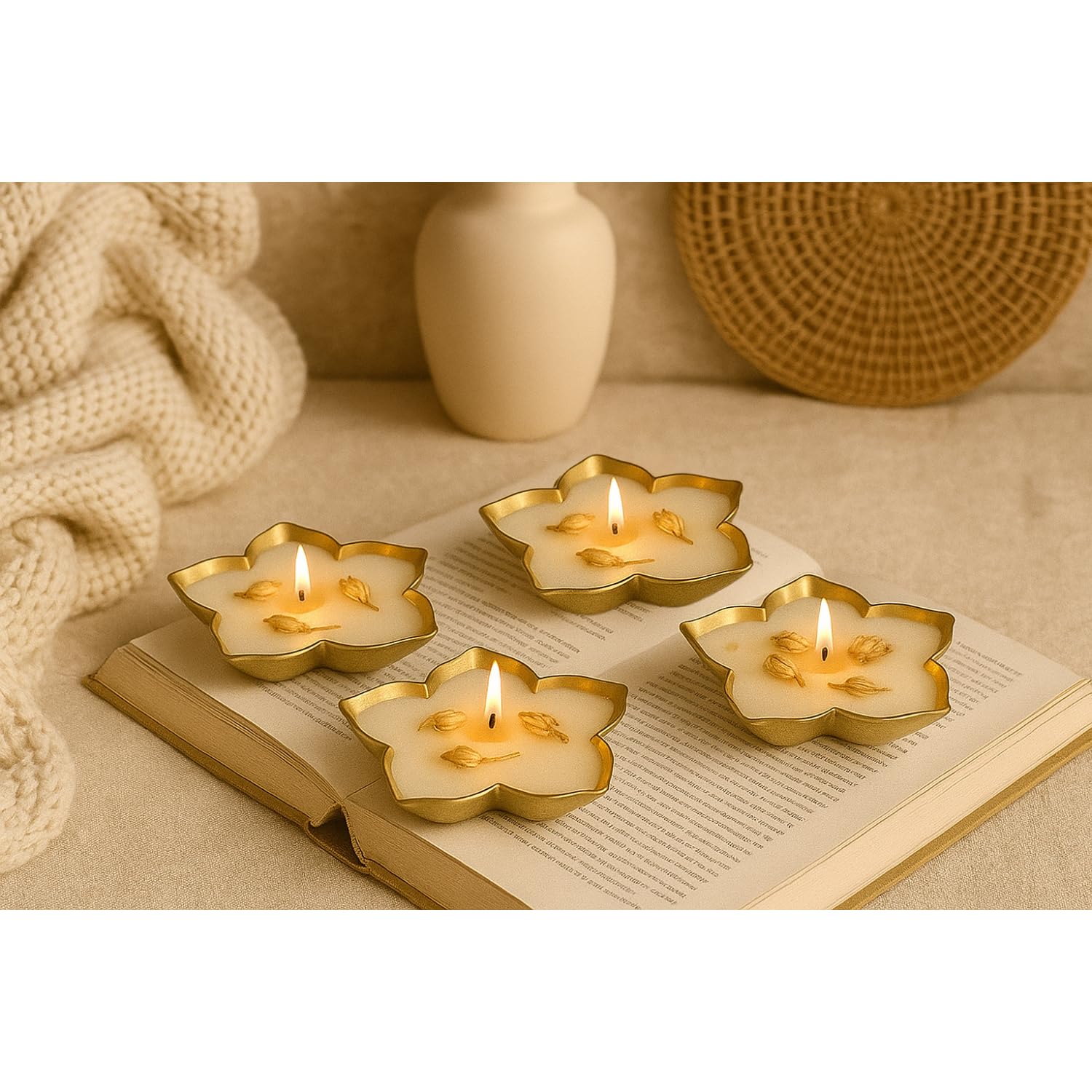 Lotus Urli Candle Set of 4 (Amber Woods Scented) Candle Decorative Flower Shaped Candles – Golden Edge Tealight Candles for Home Décor & Diwali Decoration-image-14