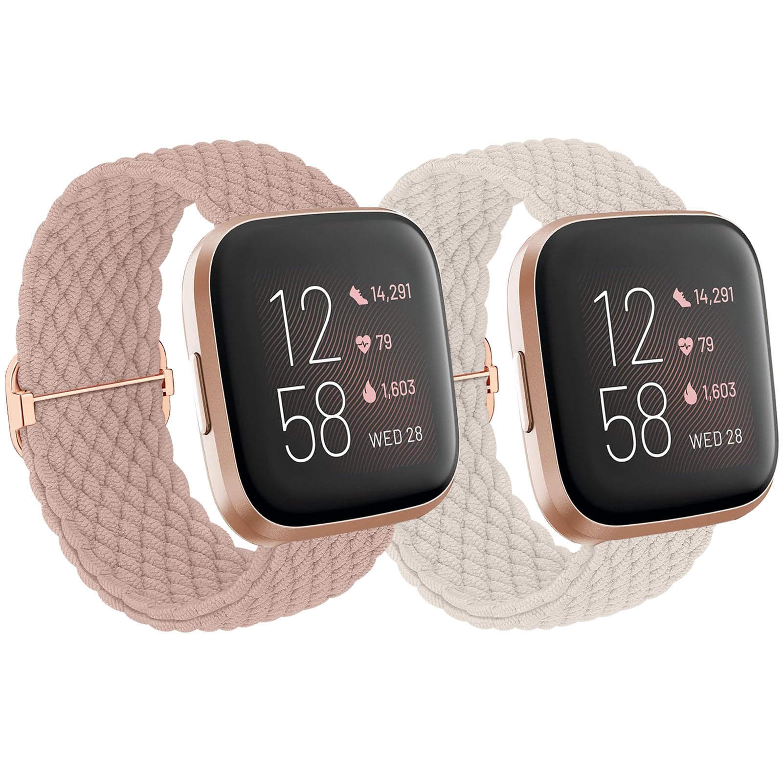 BXKM 2 Pack Braided Solo Loop Straps Compatible with Fitbit Versa 2/Versa/Versa Lite/Versa SE for Women, Adjustable Elastic Stretchy Nylon Sport Bracelet Watch Band (Nude Pink/Starlight)