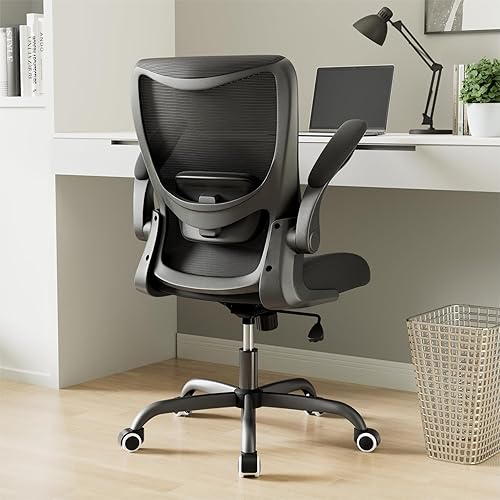 Silla de oficina, silla de escritorio ergonómica con soporte lumbar ajustable y reposabrazos abatibles, silla de computadora de malla transpirable