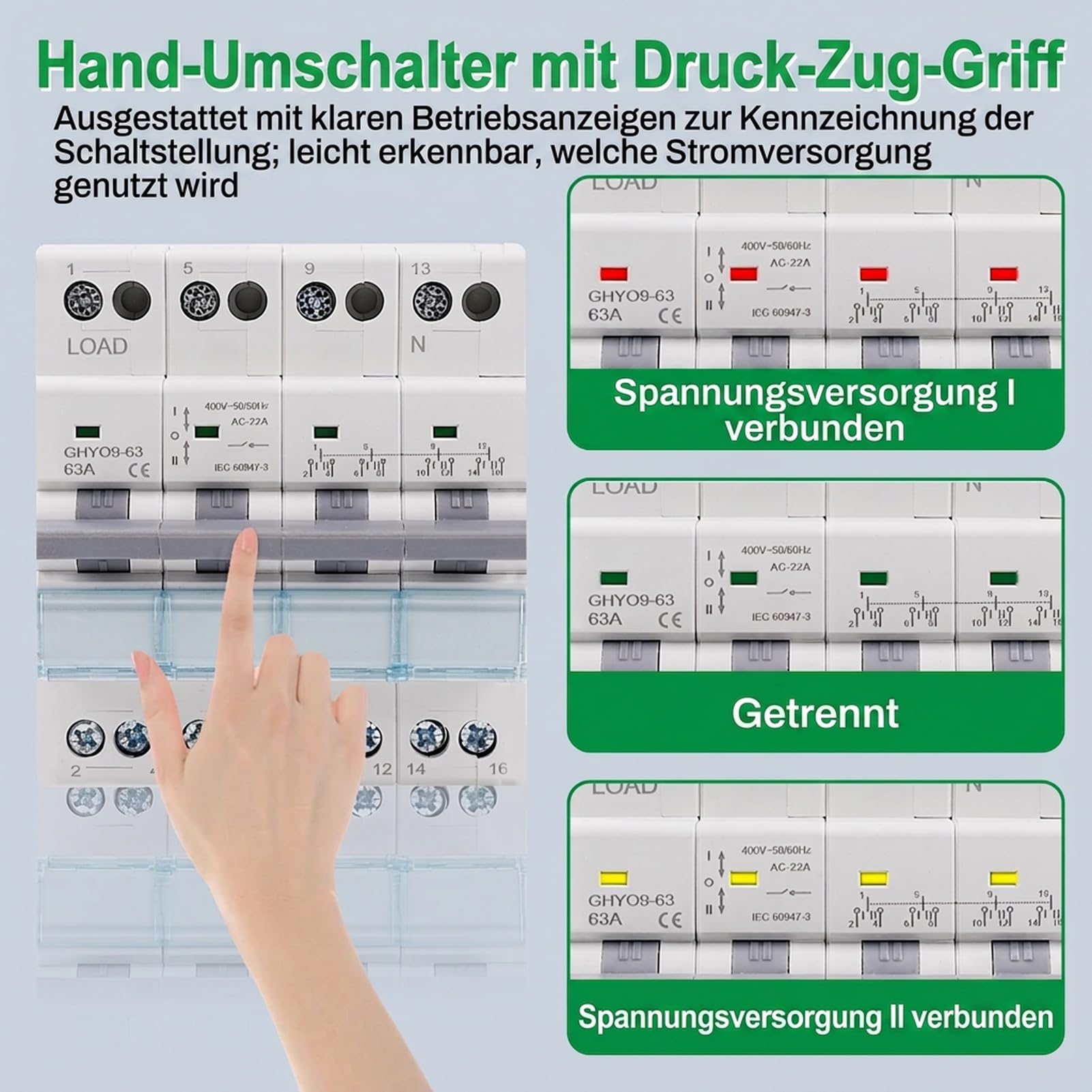 Umschalter 4P 63A Lasttrennschalter Dual Power Manual Transfer Isolating Switch AC 400V Manueller Übertragungsschalter mit doppelter Leistung mit Leistungsanzeige DIN-Schiene Montage.