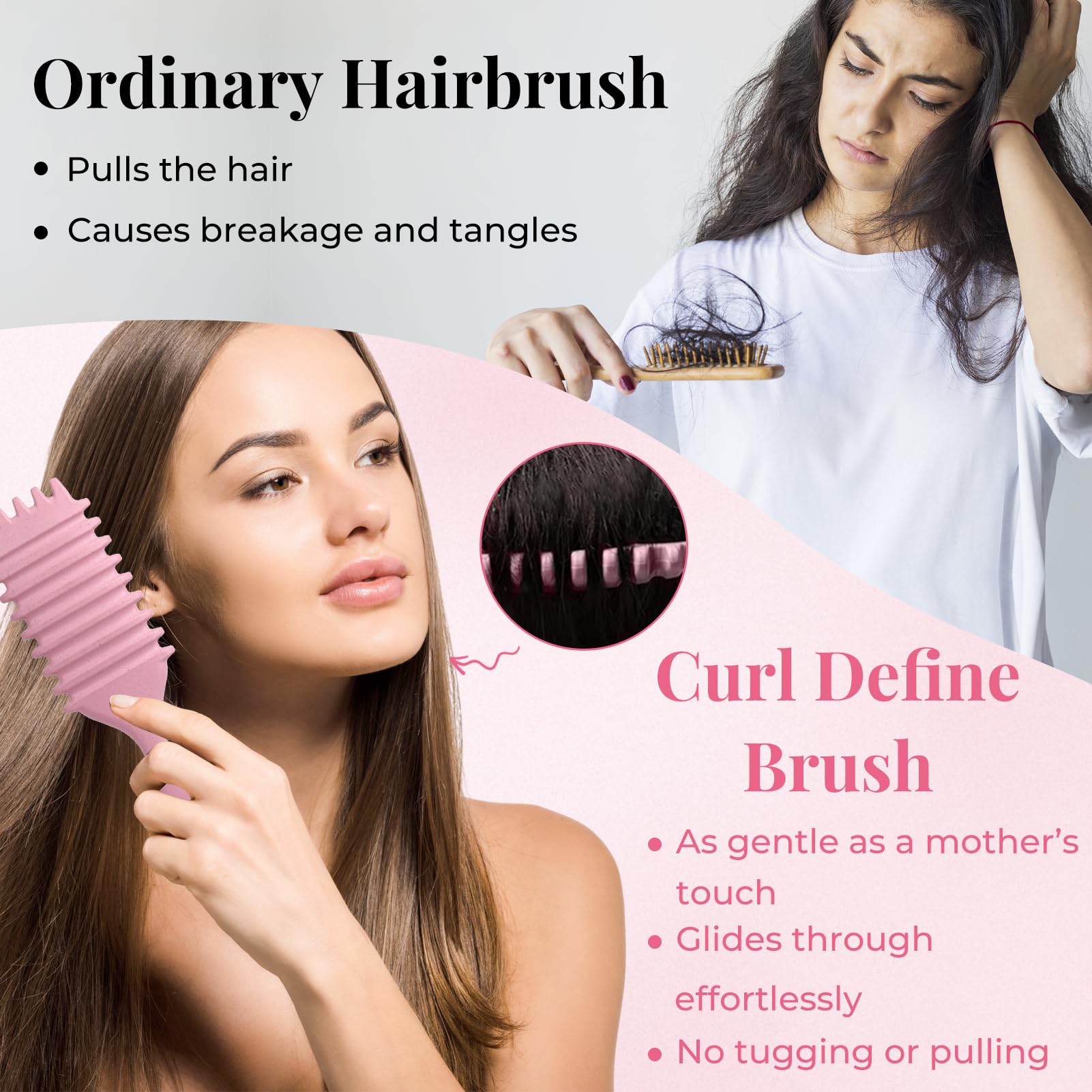Brosse cheveux bouclés pour boucles définies parfaites - Brosse à friser antistatique avec design d'aération pour cheveux secs et humides - Idéale pour les cheveux bouclés et volume (Rose)