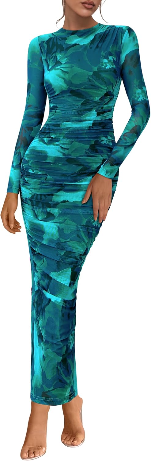 PRETTYGARDEN Womens Long Sleeve Maxi Dresses 2026 Spring Ruched Bodycon Floral Mesh Formal Wedding Guest Cocktail Party Dress