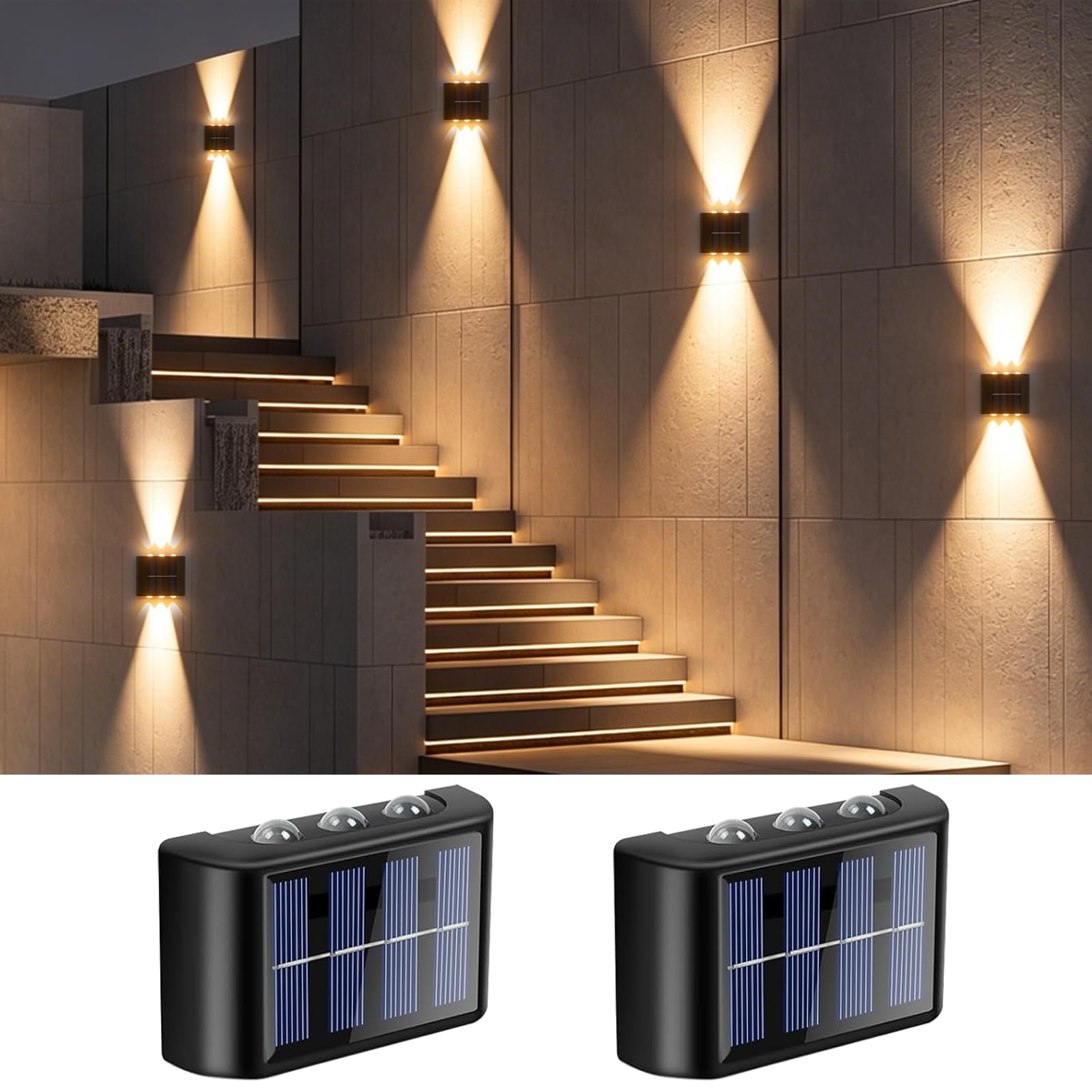 AuraFutur Solar Fence Lights Outdoor, 6 LEDs Solar Wall Lights Outdoor with IP 65 Waterproof, Warm Up and Down Solar Garden Lights for Fence, Patio, Backyard, Wall & Path (2 Pack)