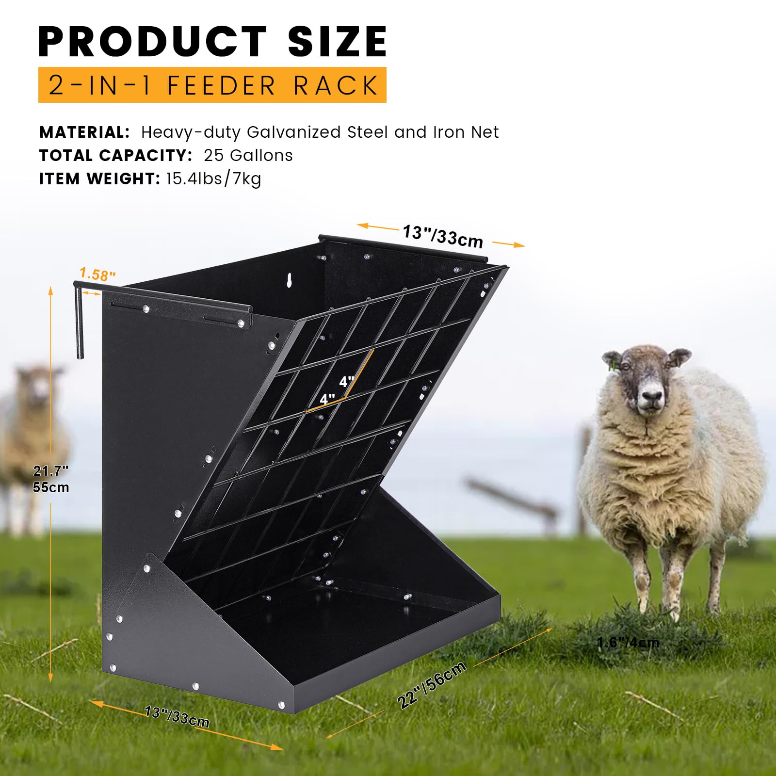Hay Feeder for Goats 25 Gallon Horse Hay Rack Wall Mount 2 in 1 Hay and Grain Feeder Metal Livestock Mineral Feeders for Sheep Nigerian Dwarf Goats, Hanging, Adjustable - image 2