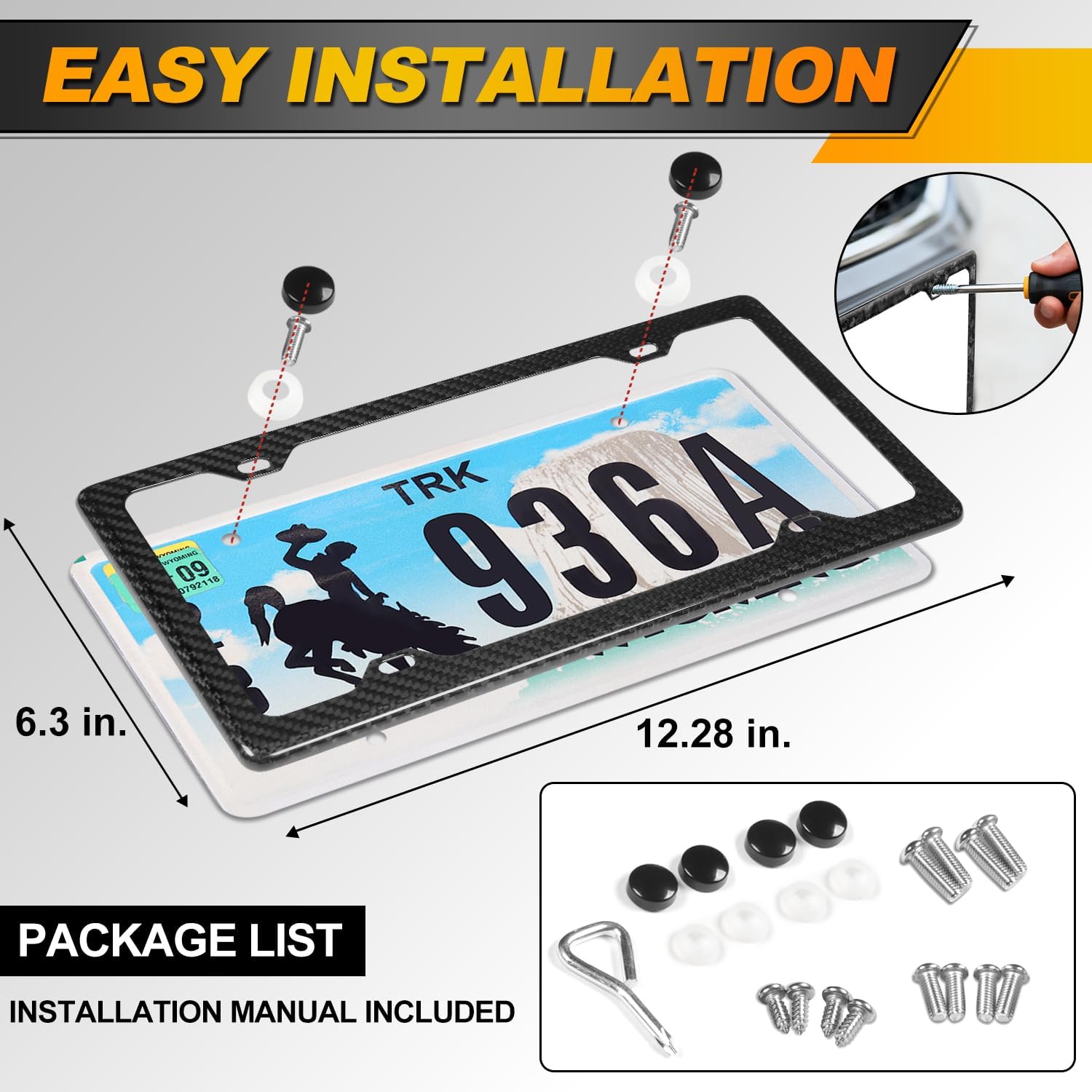 AKMAN Carbon Fiber License Plate Frame, 4 Holes Glossy Black Carbon Fiber License Plate Frames for Men/Women/Sport Cars/SUV/Trucks, 1 Pack