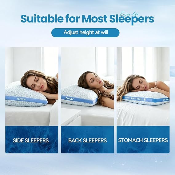 QUTOOL Cooling Pillows for Hot Sleeping, Shredded Memory Foam Pillows Standard Size Set of 1,Adjustable Soft & Firm Gel Bed Pillow for Side, Back, Stomach Sleepers