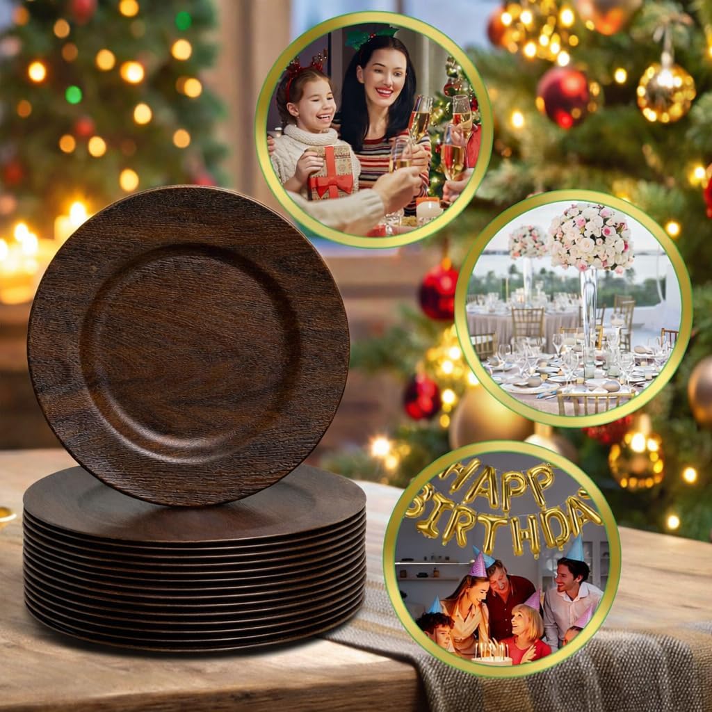 13in Charger Plates Set of 12- Faux Wood Chargers for Dinner Plates- Brown Round Plastic Plate Chargers- Farmhouse Rustic Table Chargers for Wedding, Party,Halloween, Thanksgiving, Christmas