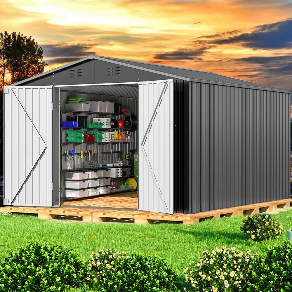 Evedy 10ftx8ft Large Shed,Outdoor Storage Sheds,Metal Garden Sheds with Lockable Door,Waterproof Garden Shed Utility Tool Storage Room for Backyard Patio Lawn-Grey