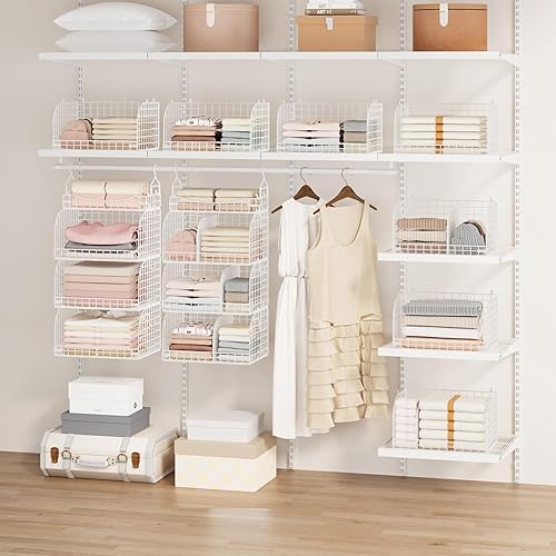 Miniatura 8 de SWTYMIKI Organizador de armario colgante  4 estantes apilables de metal con divisores y ganchos en S, estantes plegables para ropa, pantalones,