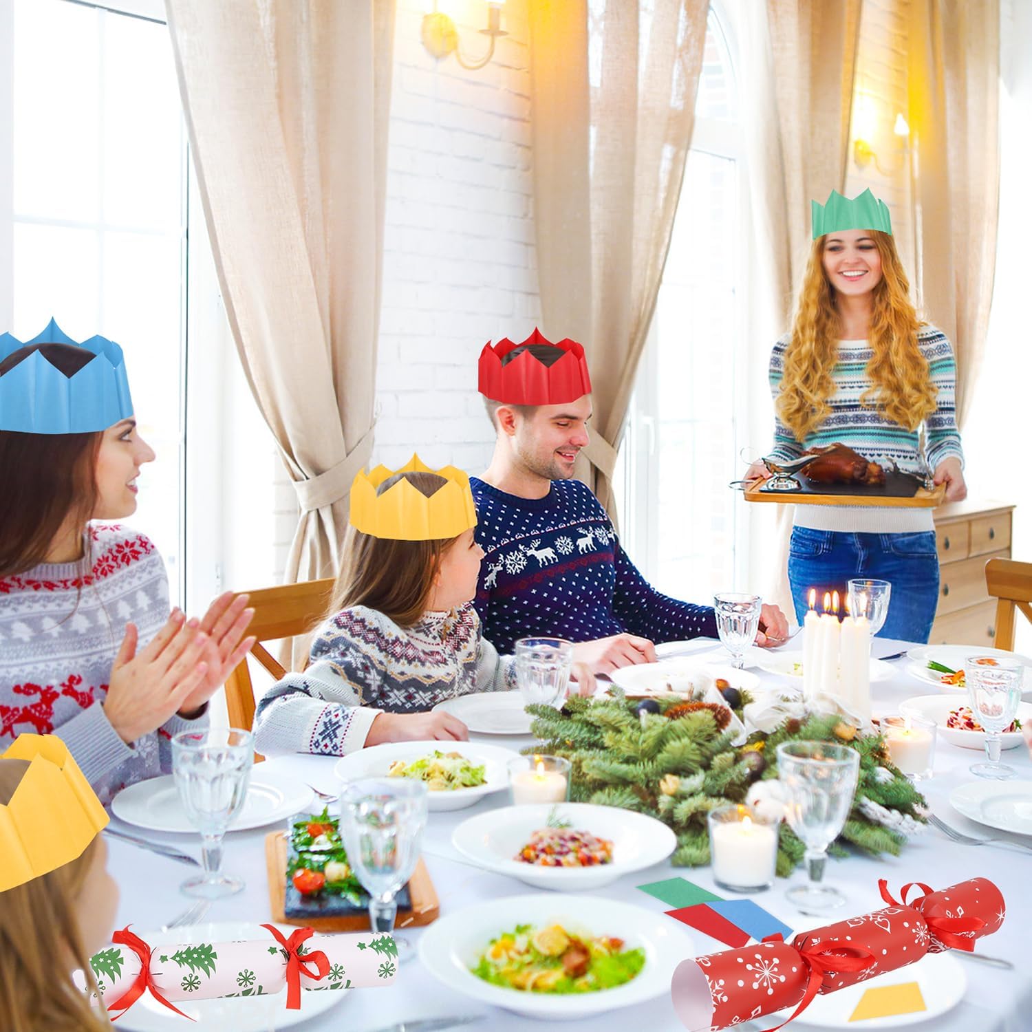 CCINEE 100Pcs Christmas Paper Crowns Hats for Crackers, Christmas Cracker Hats Bulk DIY Xmas Party Hat for Popper Fillers Holiday Party Favor