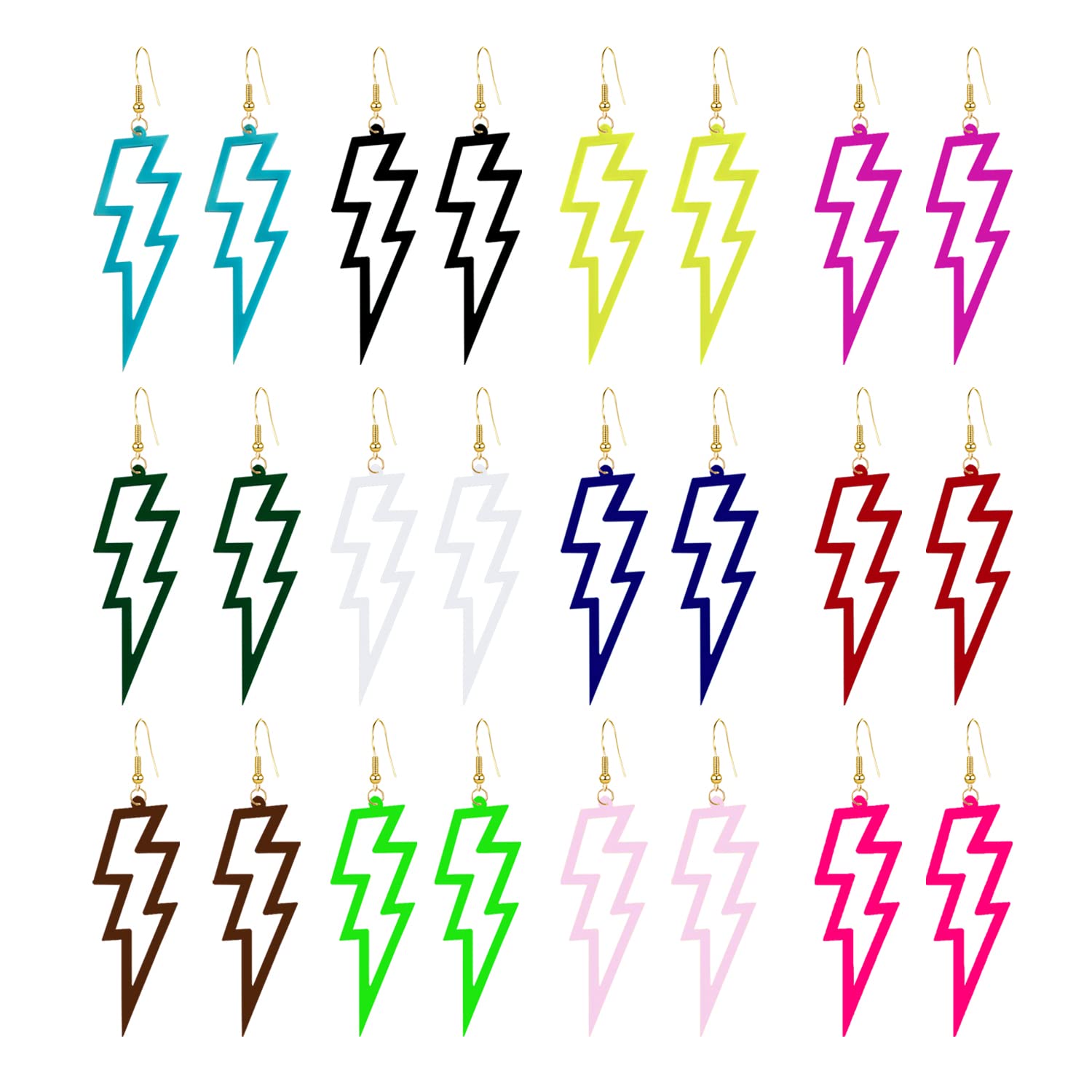 12 Pairs Multicolor 70s 80s Neon Resin Hollow lightning Dangle Drop Earrings Sets Lightweight Acrylic Exaggerated Women Lightning Bolt Dangle Earrings Halloween Jewelry 80's Party