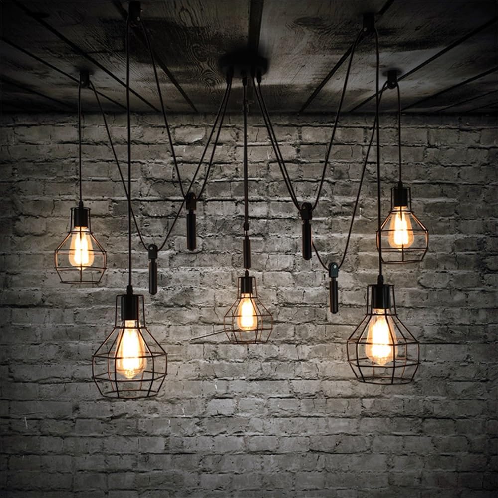 BLOOHK 5-Light Industrial Pulley Chandelier, Retro Black Cage Pendant Light