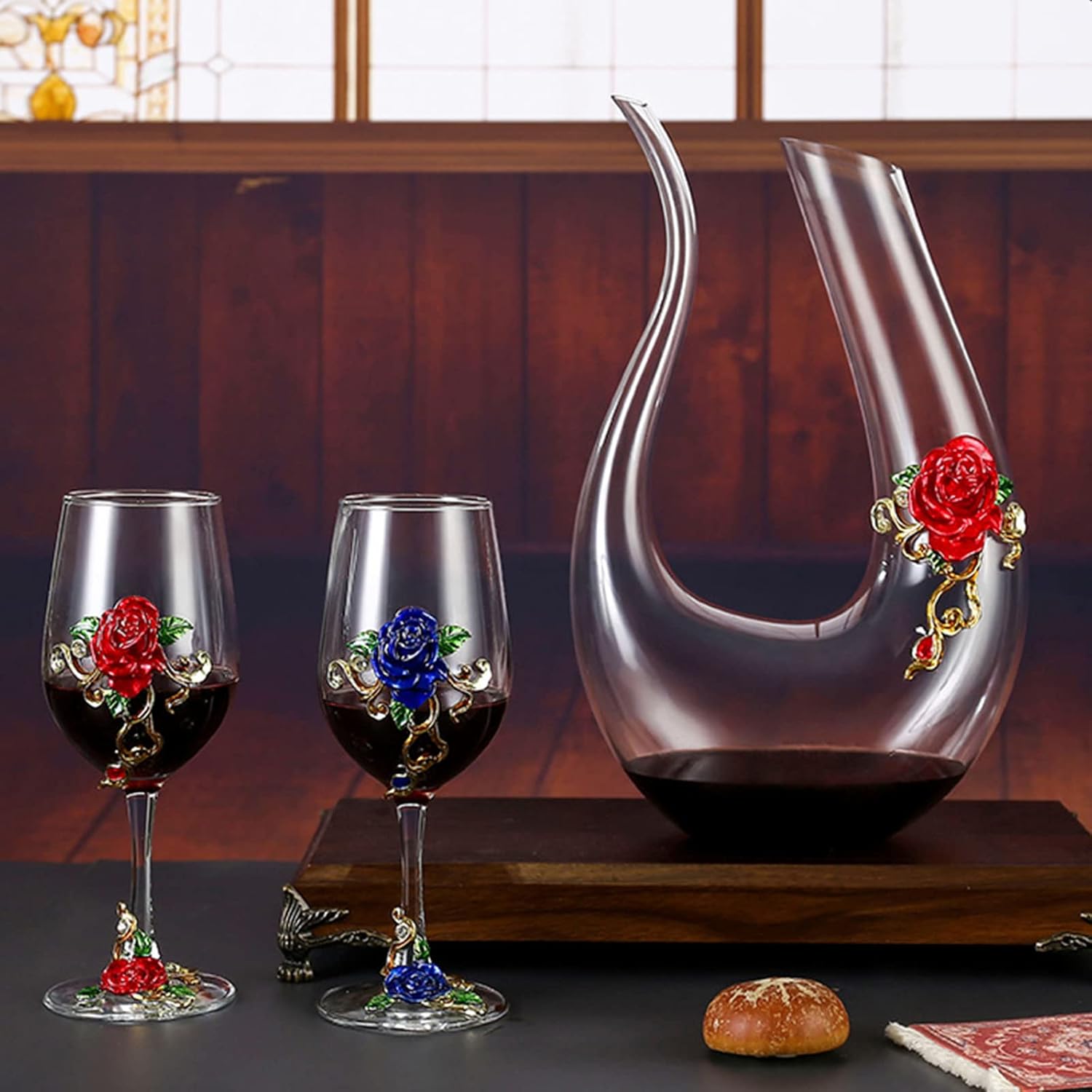 jessie Wine Glass Handmade Painted Enamel Flower Gin Glass Wine Glass Birthday Mothers Day Gifts (Blue *2+gift box)