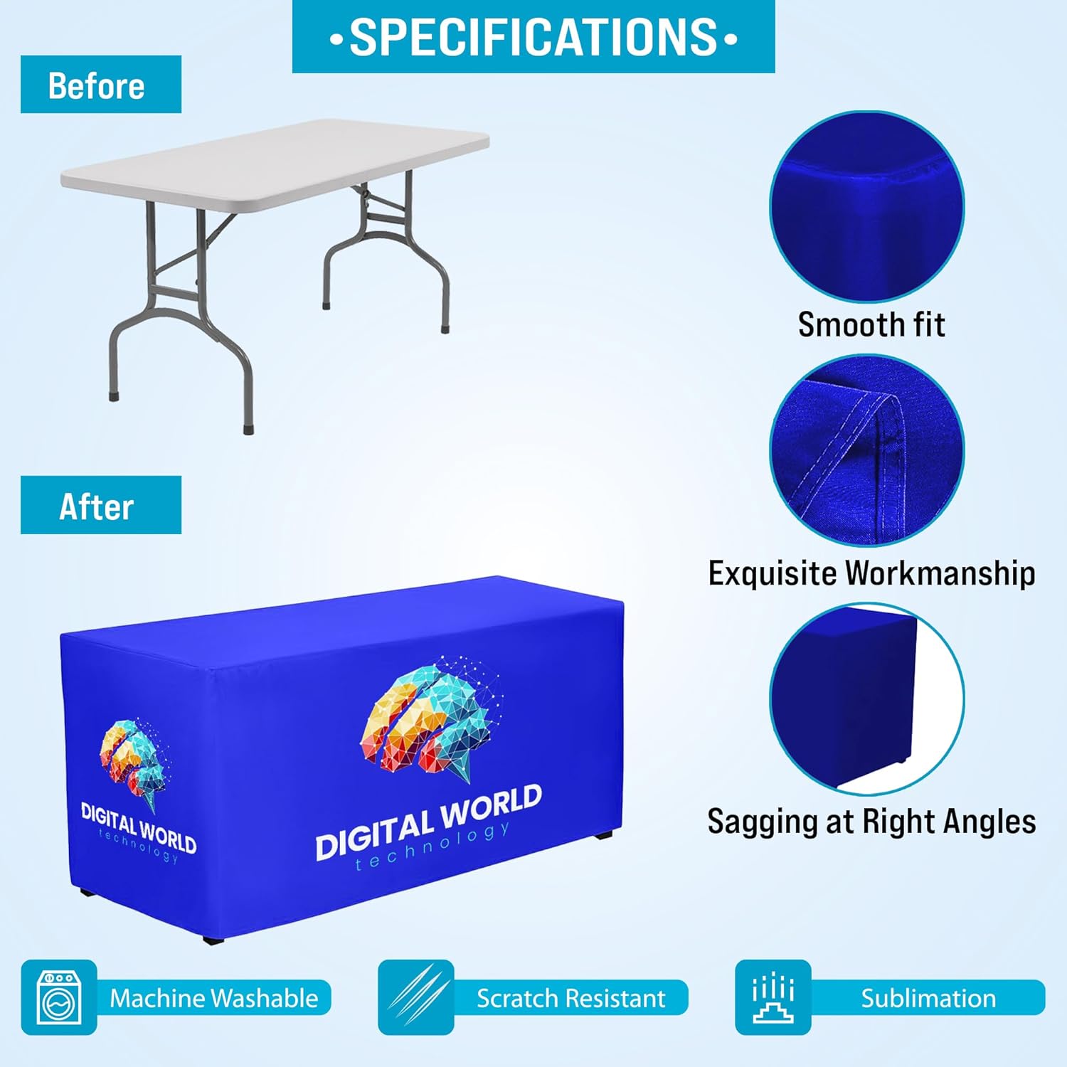 WANGHUI Personalized Custom Logo Table Cloth 6ft, Polyester, Rectangular, Custom Tablecloth Fitted with Your Business Logo