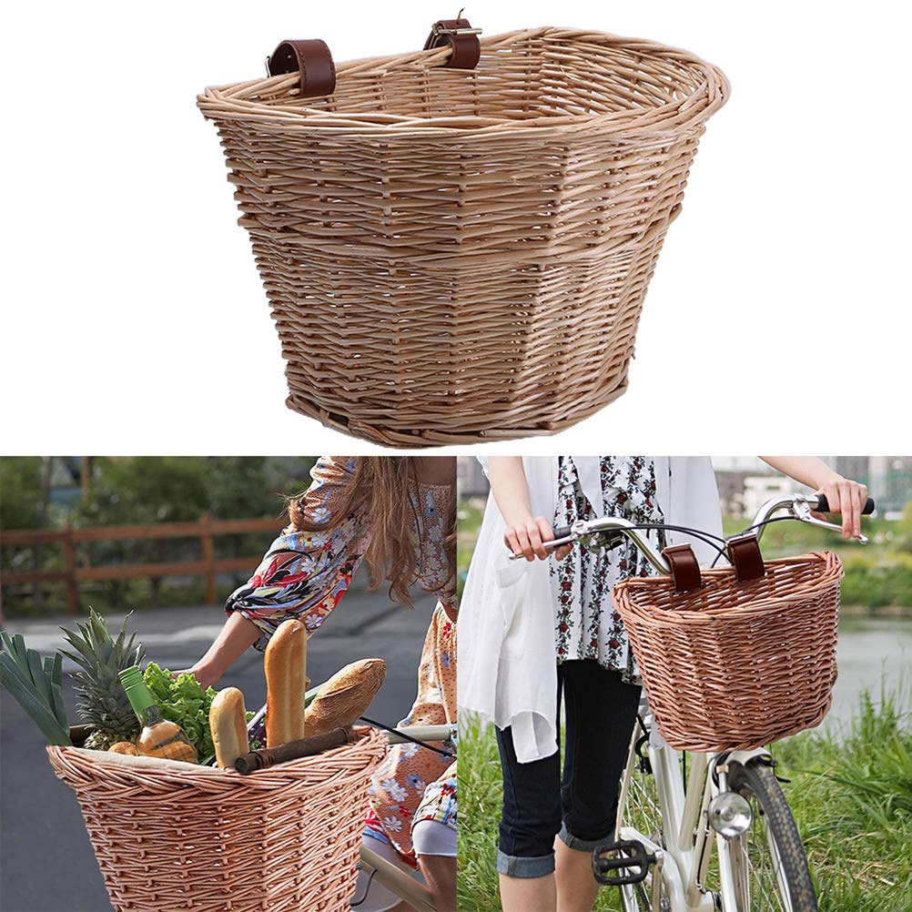 Cestino per Bici in Vimini a Forma di D Carico Anteriore, Cestino Vintage per Verdure con Cinghie in Pelle per Bici da Montagna Ebike