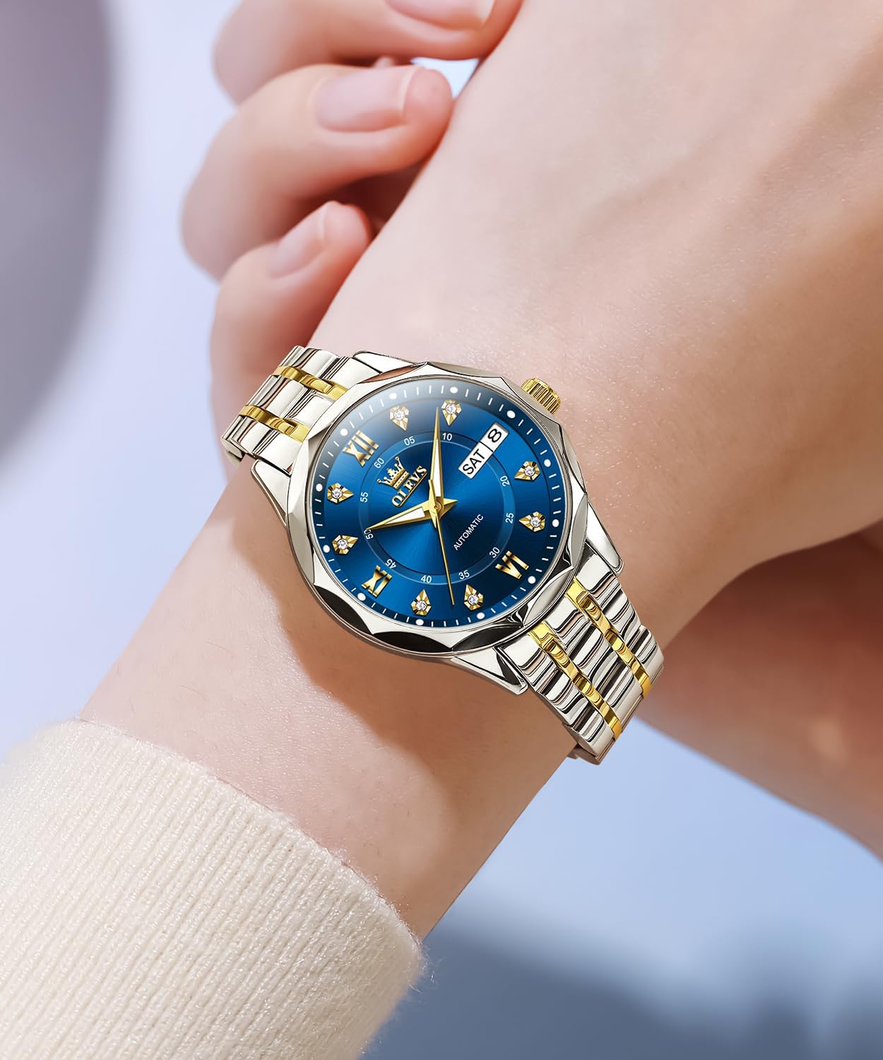 OLEVS Womens Watches Casual Modern Diamond Automatic Mechanical Ladies Self Winding Dress Two Tone Wrist Watch Date Day - Image 2