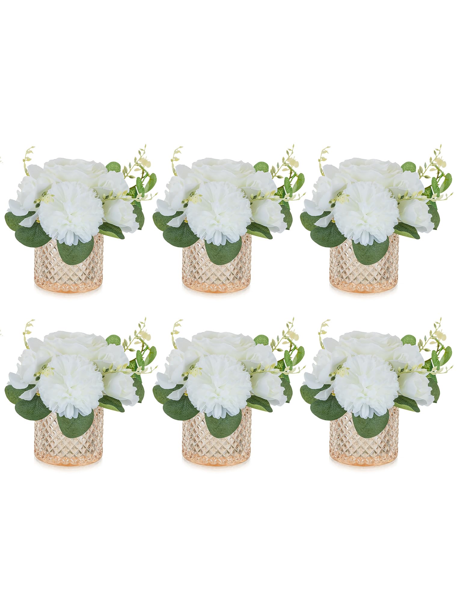 NUPTIO Small Artificial Flowers in Vase: 6 Pcs White Fake Flowers with Glass Vases for Home Bedroom Window - Silk Faux Rose Arrangements Centrepiece for Wedding Table Decor