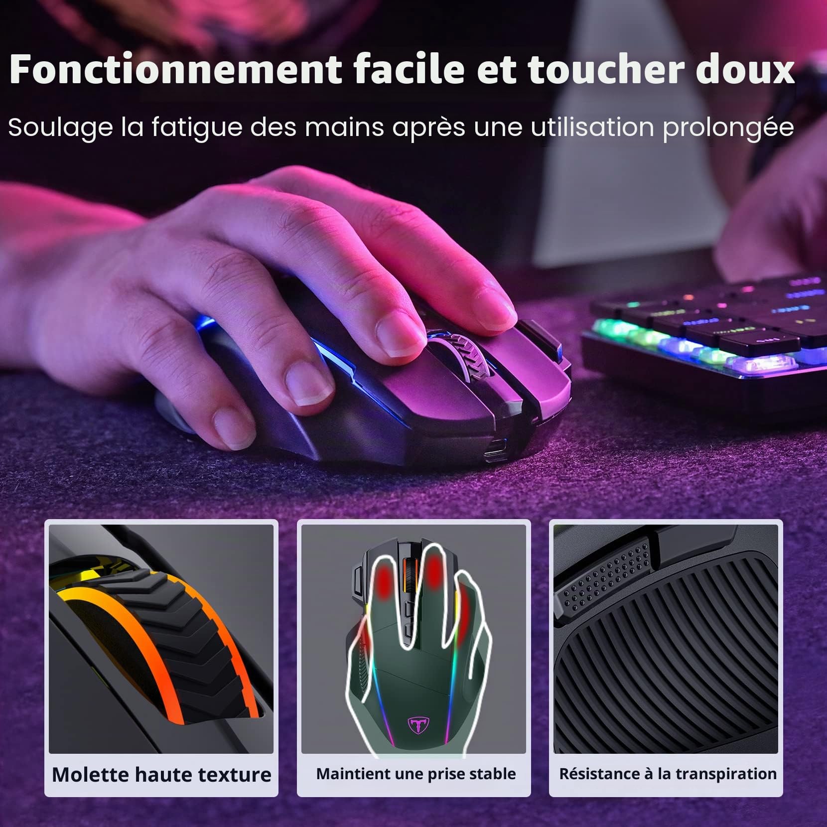 RisoPhy Souris Gamer sans Fil, Tri-Mode 2.4 G/USB-C/Bluetooth,10 000 PPP, RVB, Ergonomique, 8 Boutons Programmables,Souris Gaming de Rechargeable,PC/Mac - Noire
