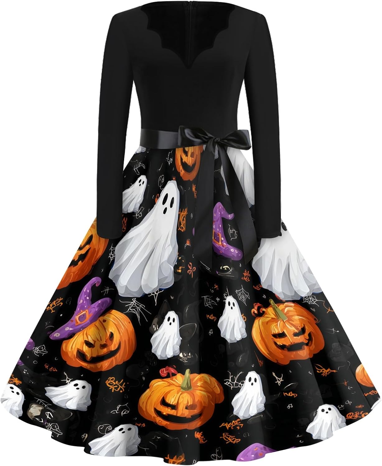 Womens Halloween Dress Long Sleeve V Neck A Line Midi Tree Print Pleated
