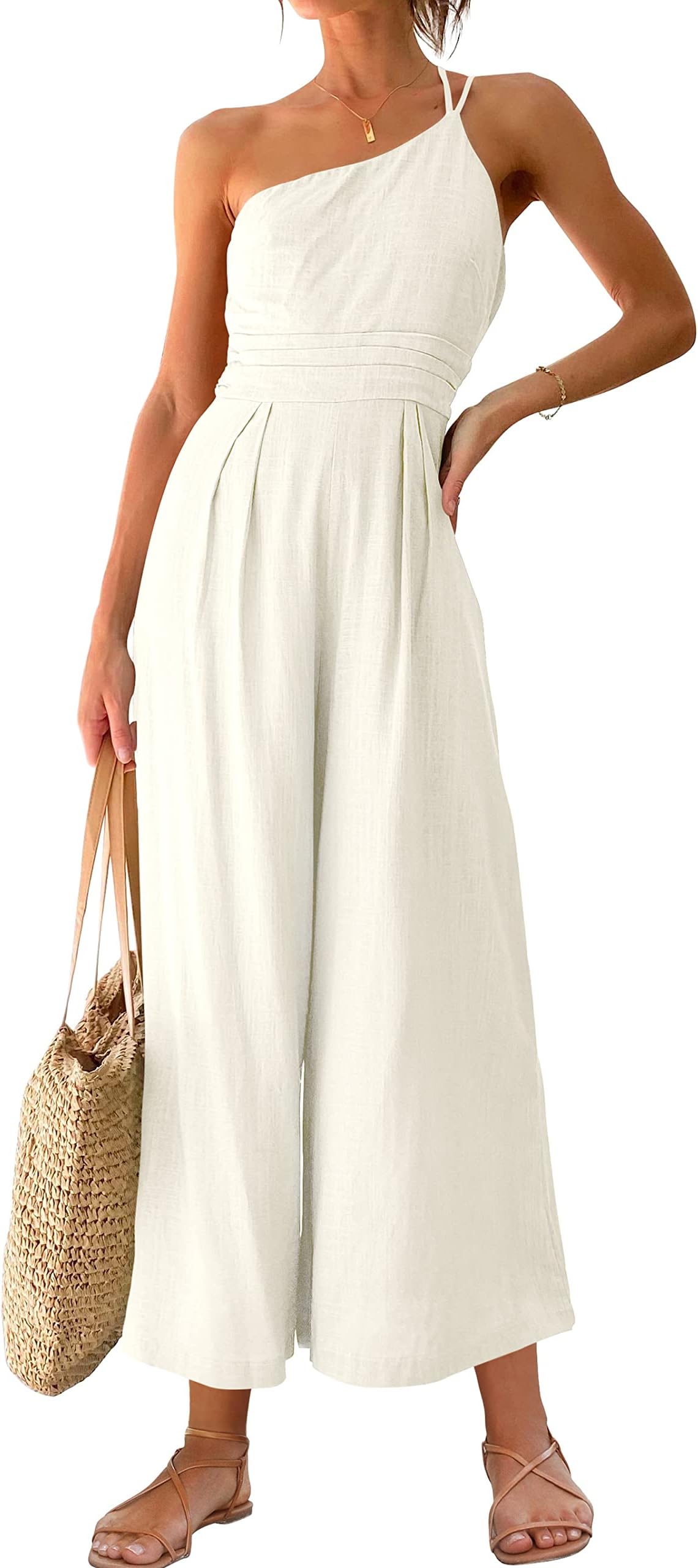 Women's Summer Straps One Shoulder High Waist Dressy Casual Wide Leg Linen Jumpsuit Romper Beach Travel Outfits