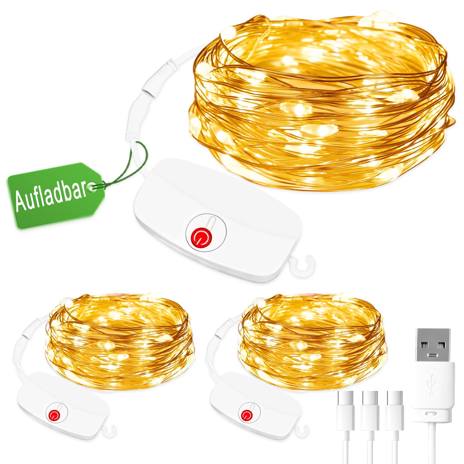 3 Stück Mini Lichterkette aufladbar, 8 Modusmit Timing,3M 30LED Akkulaufzeit 60Std,Timer-Modus kann es bis zu etwa 8 Tage halten,Abnehmbares Batteriefach,für Weihnachten, Hochzeit, Party Deko Warmweiß