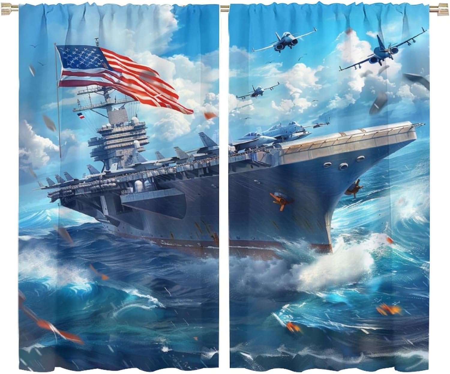 Aircraft Carrier Blackout Curtains for Bedroom Living Room, Rod Pocket American Flag Nautical Ocean Curtains Thermal Insulated Window Drapes, Set of 2 Panels, 72W x 63L