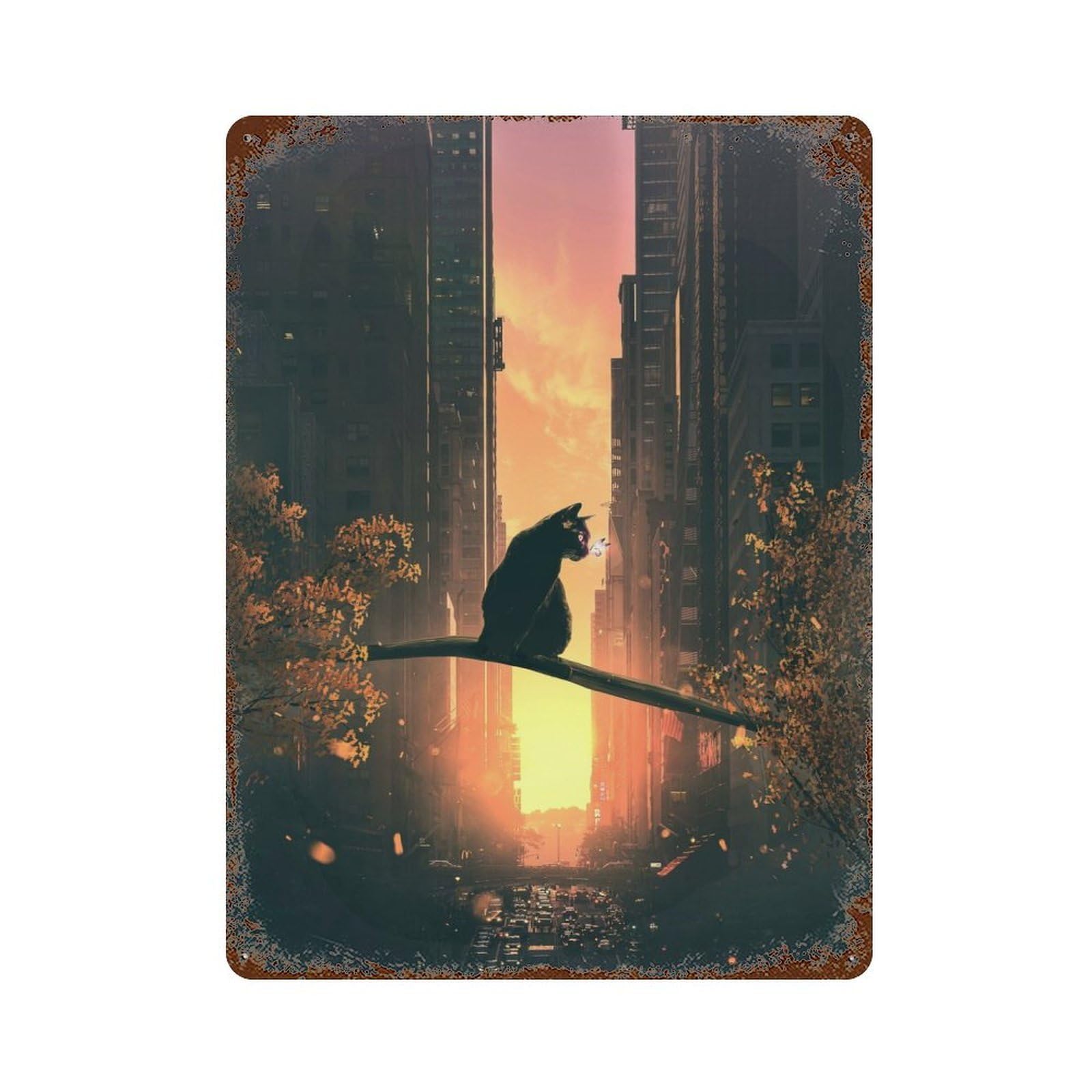 Cat, Sunset And City Decorative Tin Sign 15.7"x11.8", for Bistro, Counter And Cafe Decor, Retro Wall Decor