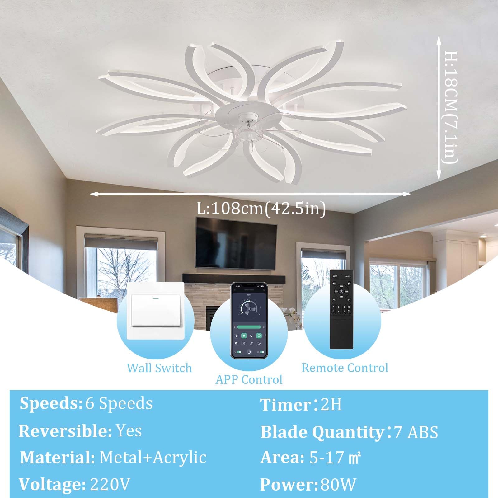 Lampadario Con Ventilatore A Soffitto LED Dimmerabile 72W - 6 Velocità E Telecomando, Bianco 68 Cm, Per Cameretta E Soggiorno