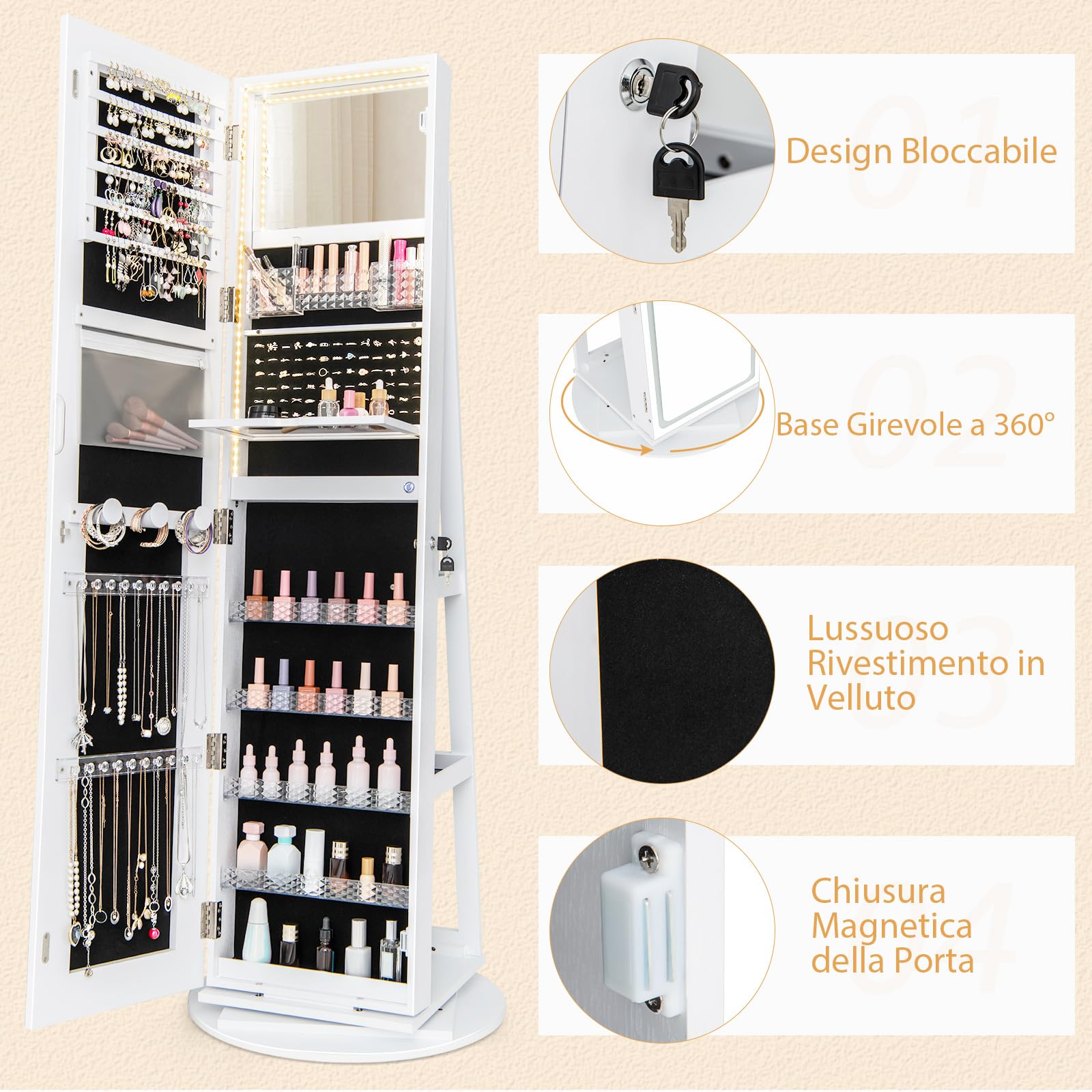 RELAX4LIFE Armario Joyero con Base Giratoria 360°y Espejo Cuerpo Entero, Espejo Joyero de Pie con Luces LED Luminosas, Organizador para Joyas y Accesorios (Blanco, 54,5x54,5x160 cm)