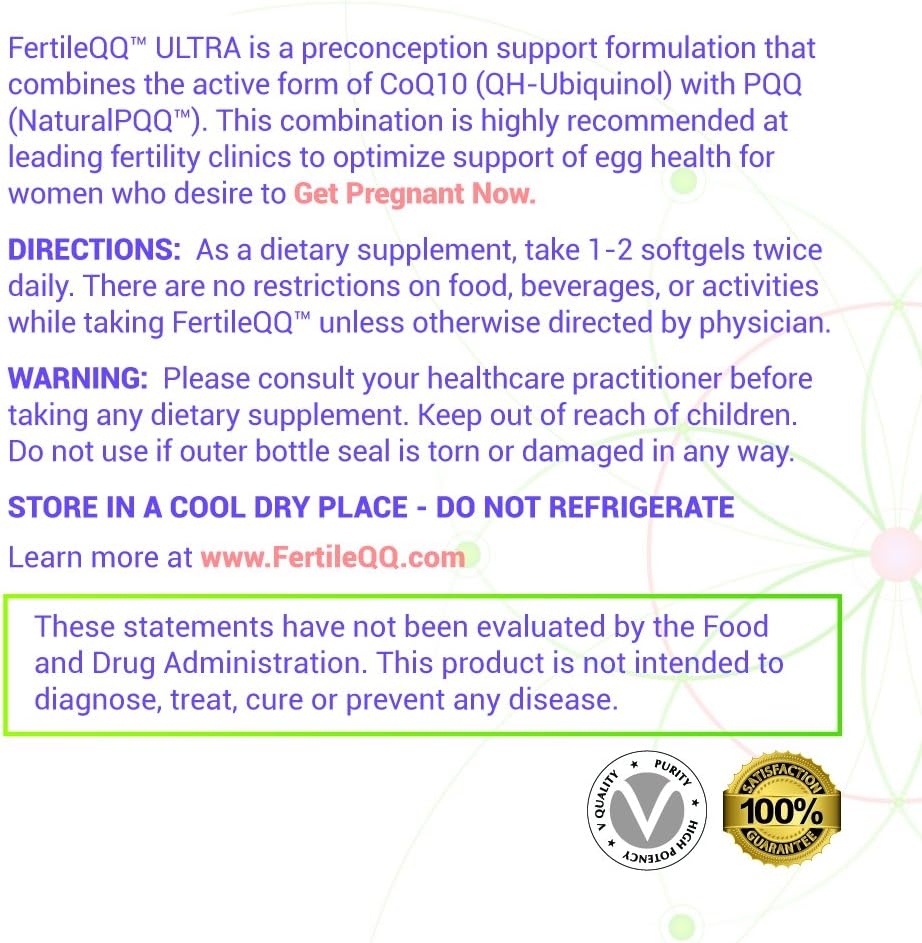 FertileQQ ULTRA Ubiquinol (QH) plus PQQ to BOOST Mama's 2B Natural Reproductive Support, #1 Formula for Support of Mitochondria Egg Cell Health - Doctor Recommended Fertility Formula.