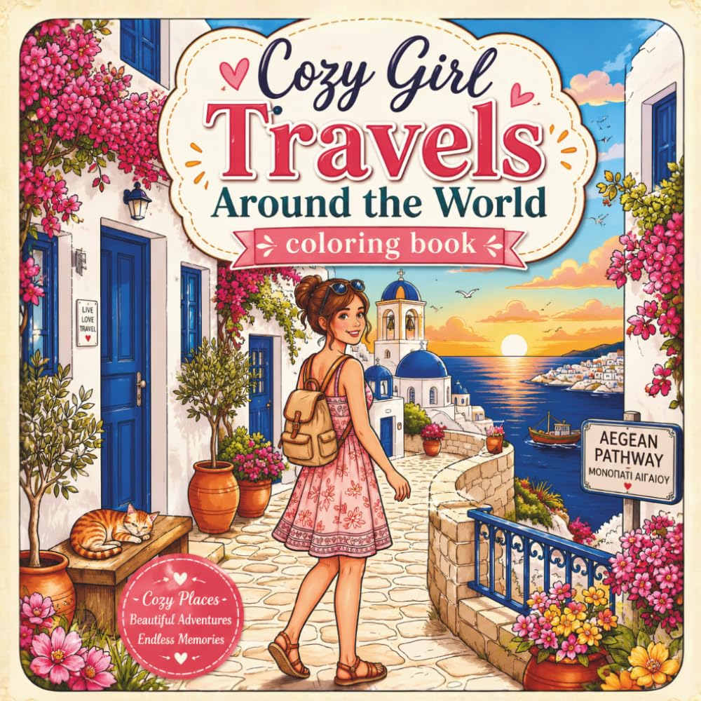 Cozy Girl Travel Around the World Coloring Book for Adults: Cute Travel Moments and Cozy Vacation Scenes for Relaxing Girl Life Coloring Experience
