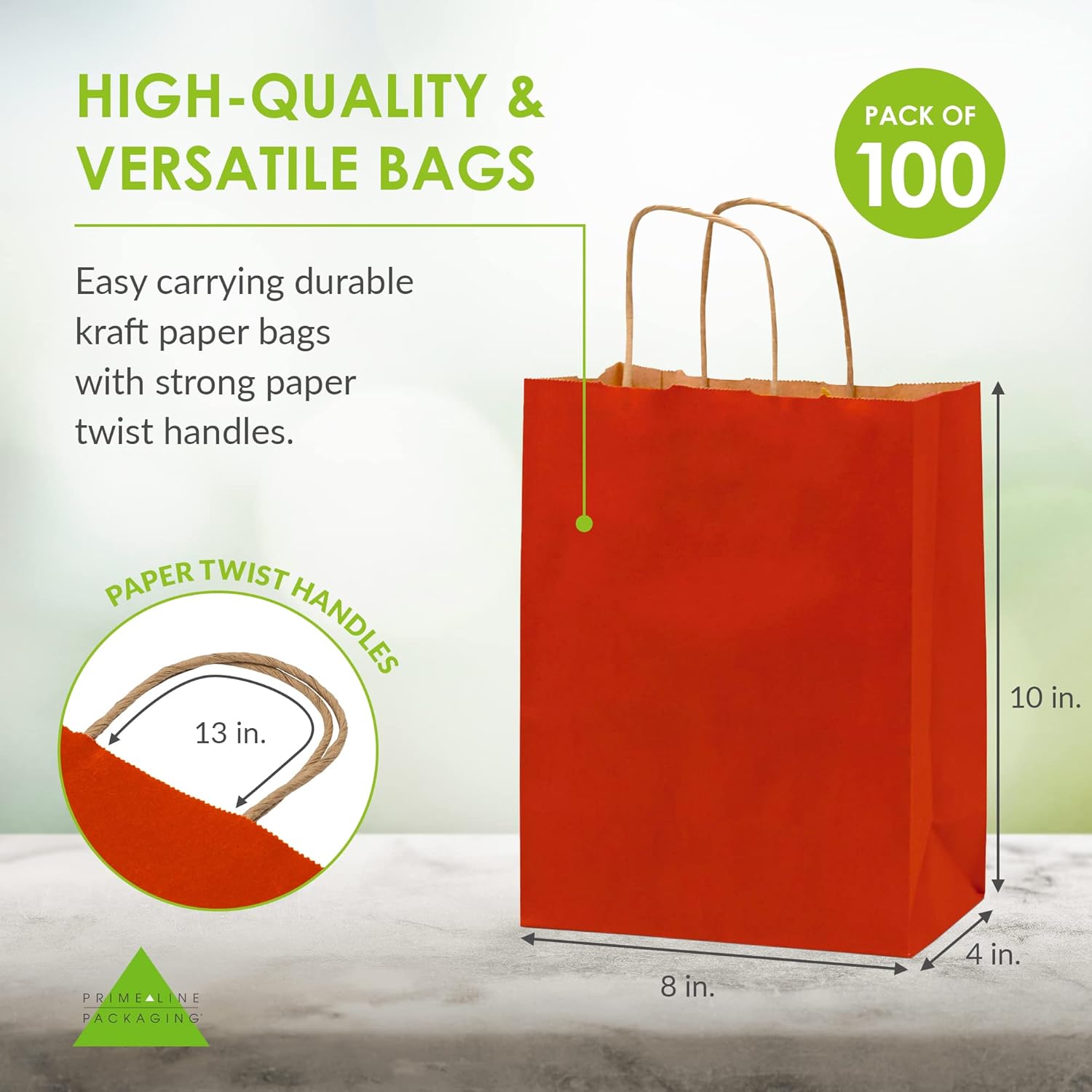 Prime Line Packaging Red Gift Bags, Kraft Paper Bags Small with Handles, Shopping Tote Bags for Gift Cards, Party Favors, Retail Shopping, Merchandise, Events, Bulk, 8x4x10, 100 Pack