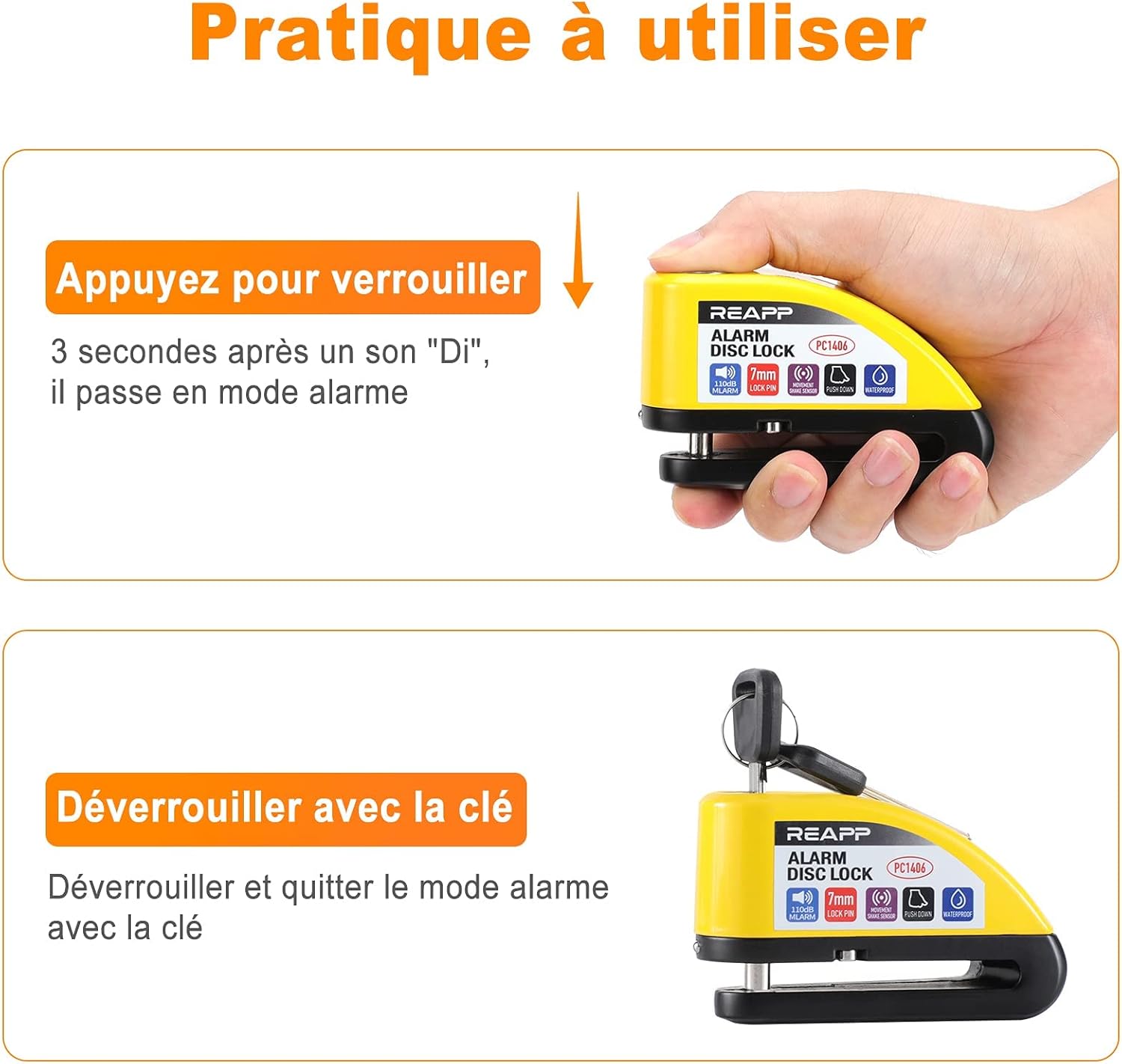 REAPP Antivol Moto Bloc Disque avec Alarme 110 dB, Câble Rappel 1,5 m, 6 Piles de Rechange, Disc Lock Étanche pour Moto, Vélo, Vespa, Moped - Description