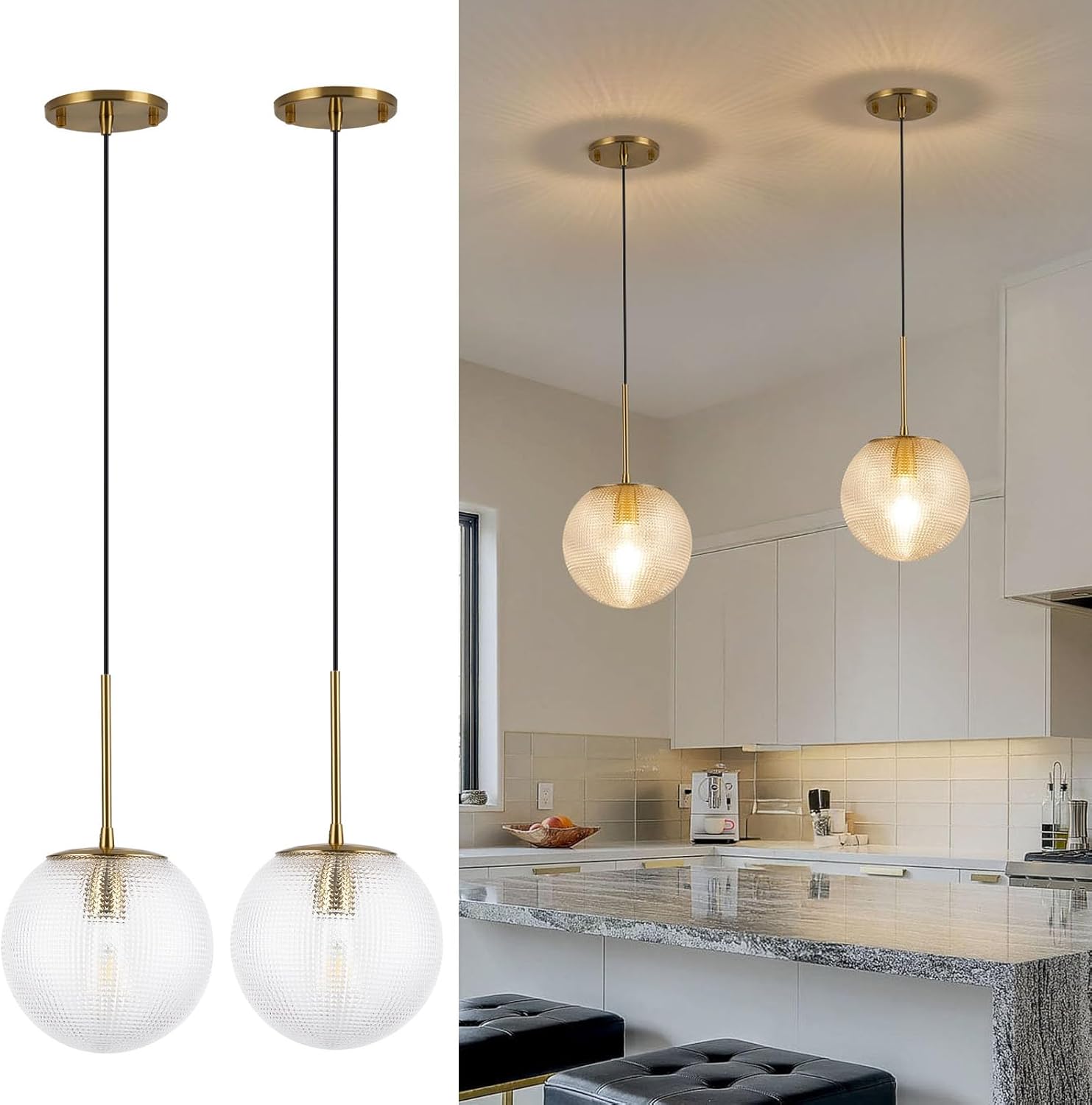 Glass Globe Pendant Light Fixtures, Mid Century Modern Ceiling Hanging Lights with Height Adjustable, Brass Gold Pendant Lighting for Kitchen Island, Hallway, Dining Room, Living Room (2 Pack)