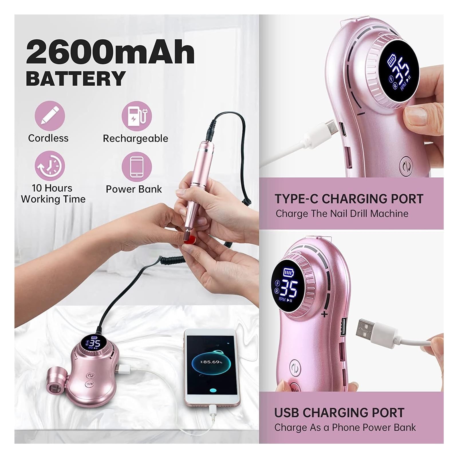 Trapano elettrico per unghie, Maestro del chiodo ricaricabile esposizione LCD della macchina trapano 35000RPM for gli strumenti portatili fresatrice manicure per allenamento e uso domestico