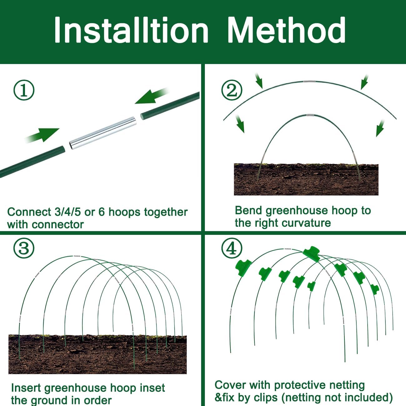 Greenhouse Hoops Grow Tunnel, 8FT Long Garden Hoops, 60pcs DIY Width Plastic Coated Fiberglass Garden Tunnel for Raised Beds, Rust-Free Garden Tunnel for Garden Fabric