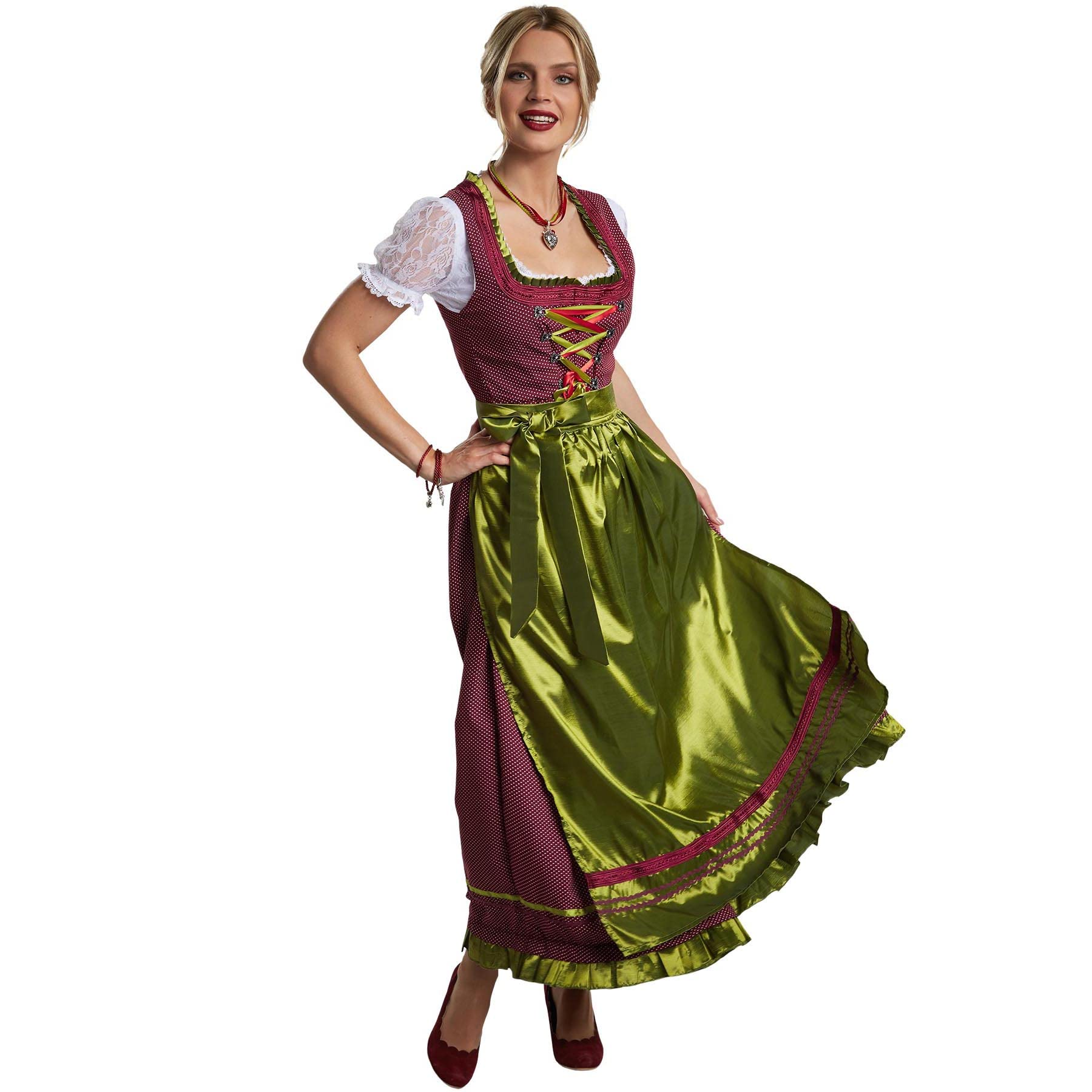 dressforfun Dirndl Damen Lang, Maxi Trachtenkleid mit Strasssteinen, feiner Schnürung, Rüschen-Ausschnitt und Zierborte, Trachtenrock Damen mit Schürze, Dirndl lang für Oktoberfest, rot/grün