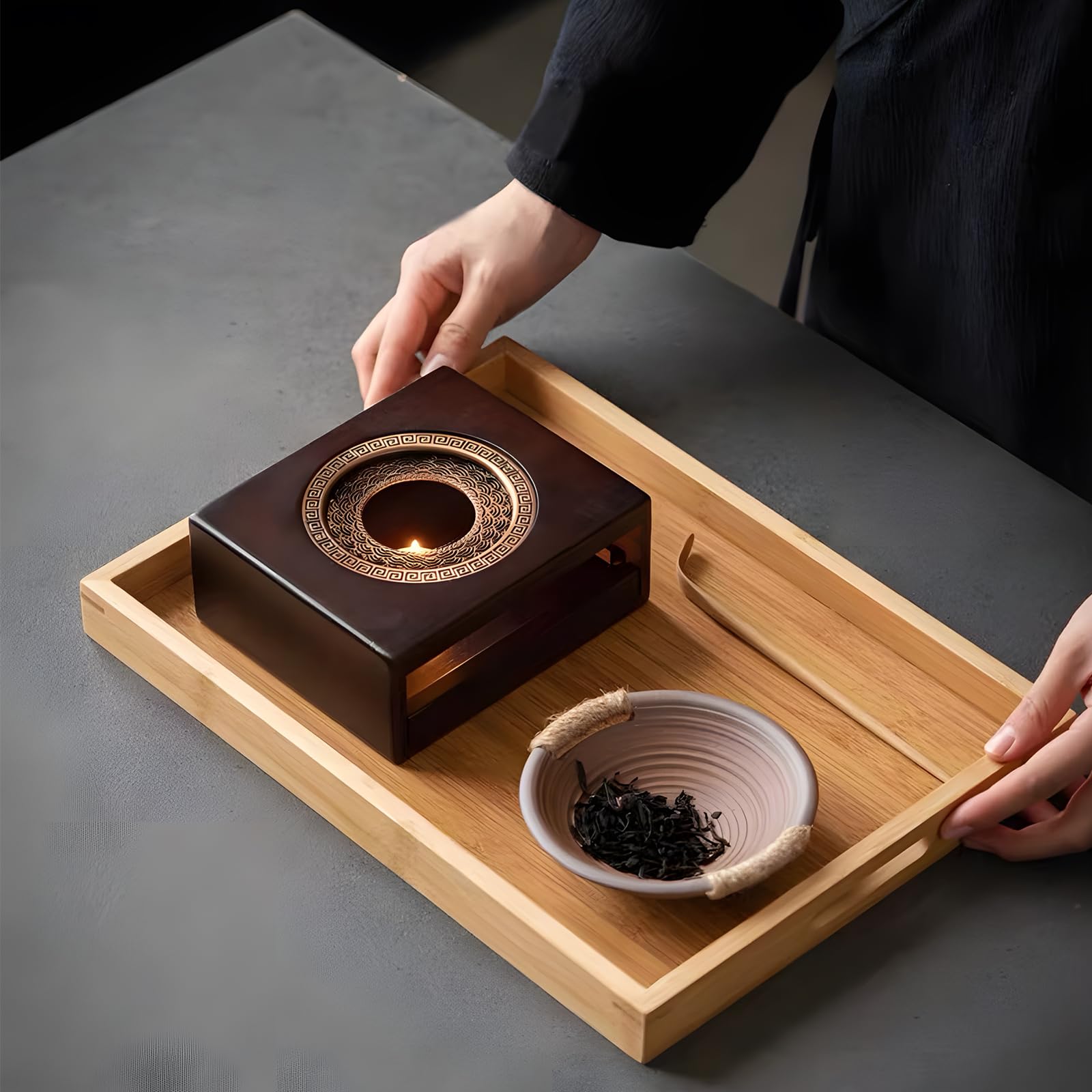 Scalda Teiera in Bambù,Scalda Teiera con Porta Candela,Scalda Tè e Caffè per Isolamento e Riscaldamento,Alta Qualità,Scuro, Quadrato