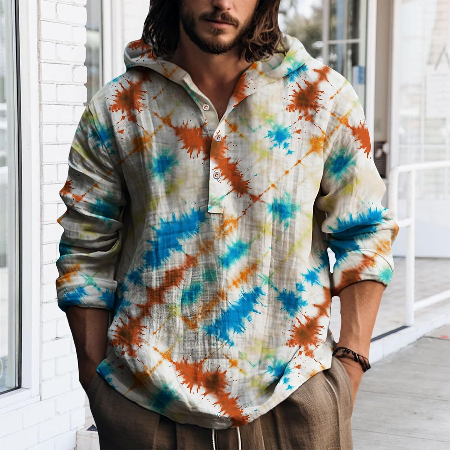Mens Hooded Tie Dye Button Up Shirt Long Sleeve Casual Pullover Top Relaxed Fit Beach Vacation Streetwear - Image 3