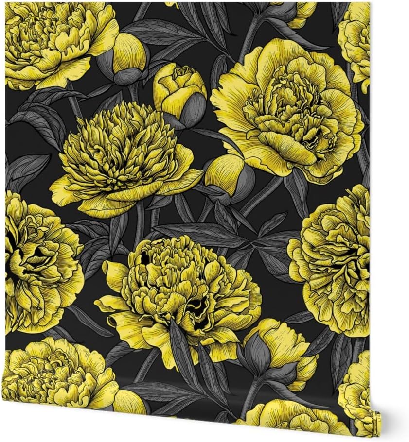 Peel & Stick Wallpaper 3ft x 2ft - Night Peony Yellow Gray Flower Leaves Floral Nature Plant Ink Custom Removable Wallpaper by Spoonflower